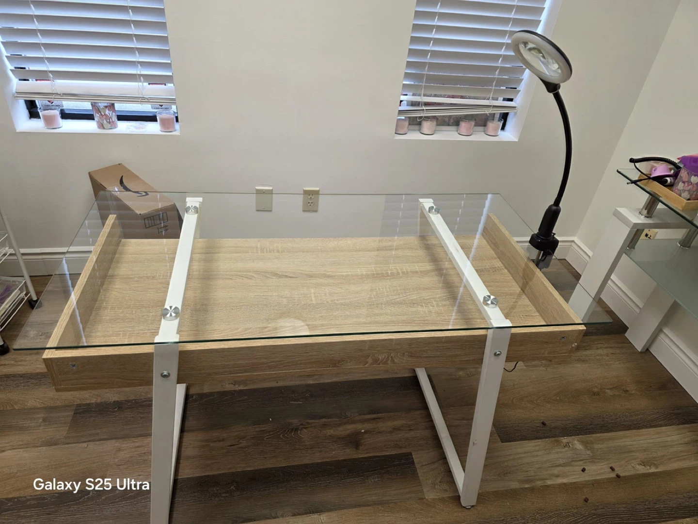 Glass Top Desk with Wood Drawer