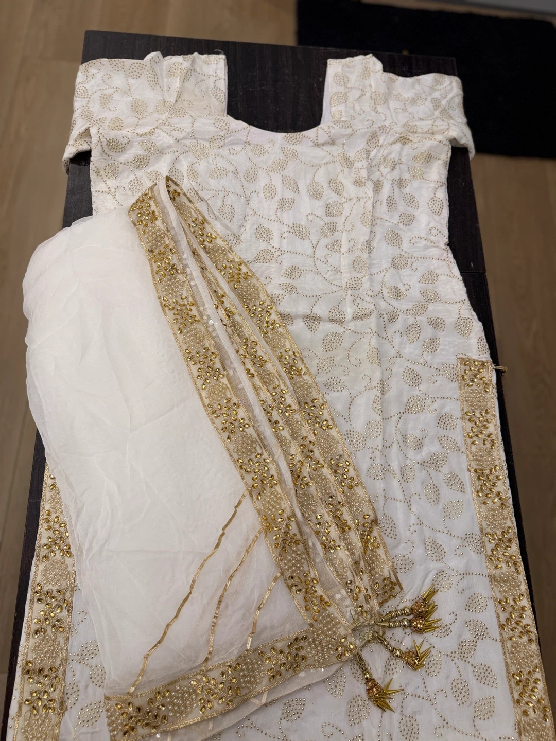 White & Gold Embroidered Kurti with Salwar, Palazzo and Dupatta