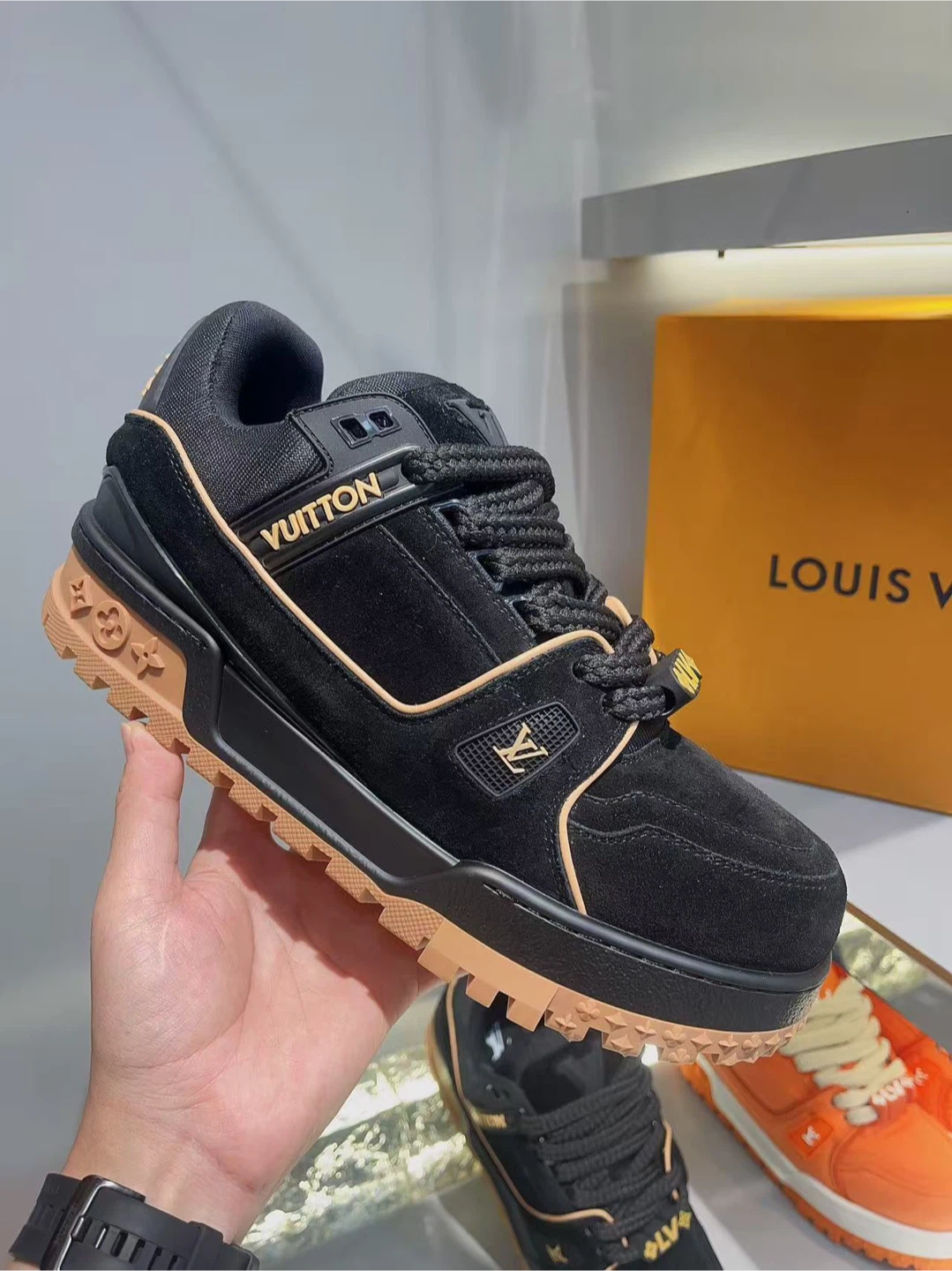 Louis Vuitton Black Suede & Tan Trim Sneakers - photo 3