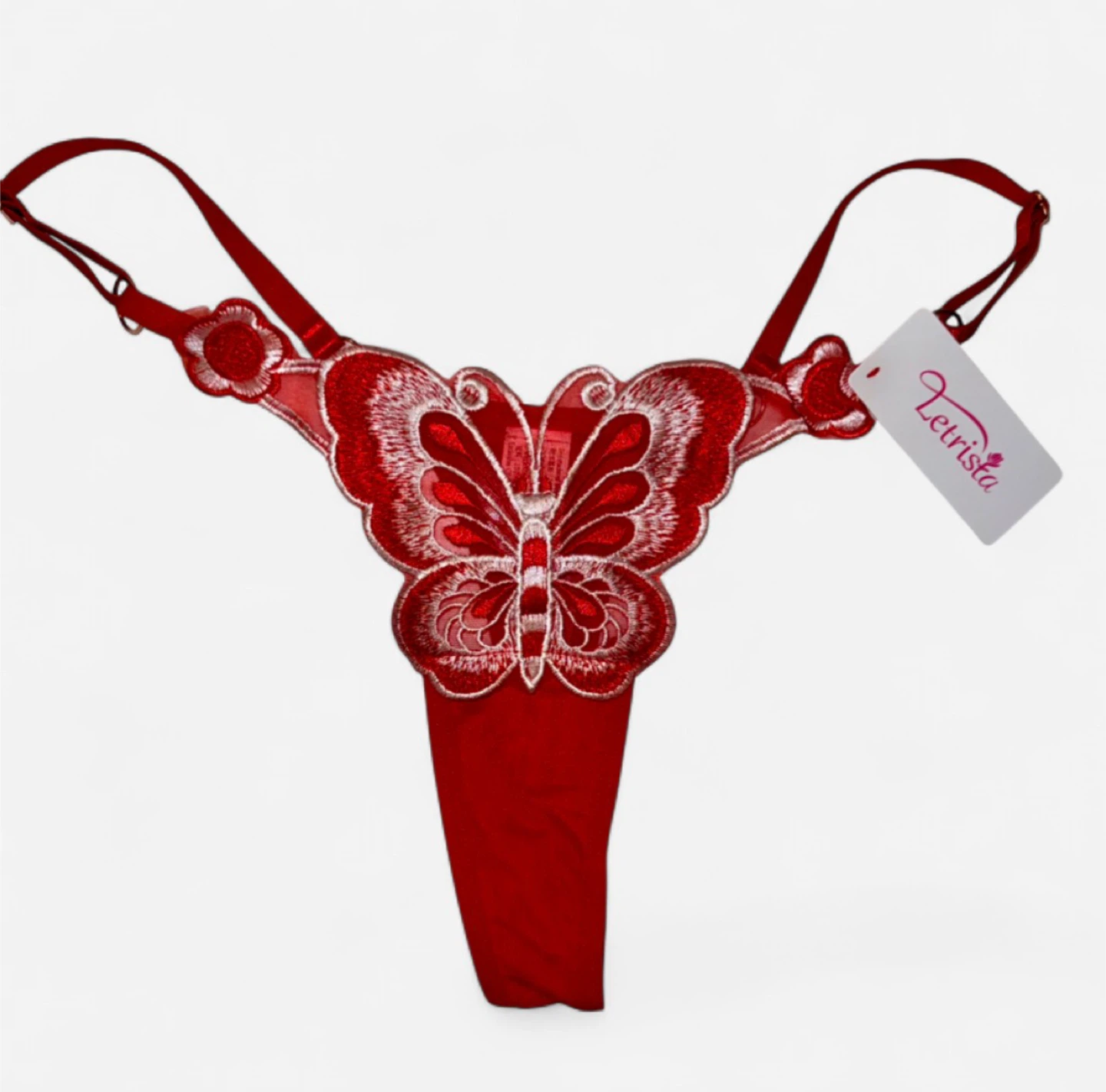 NEW Sheer Mesh Embroidered Red Rose Thong - Medium