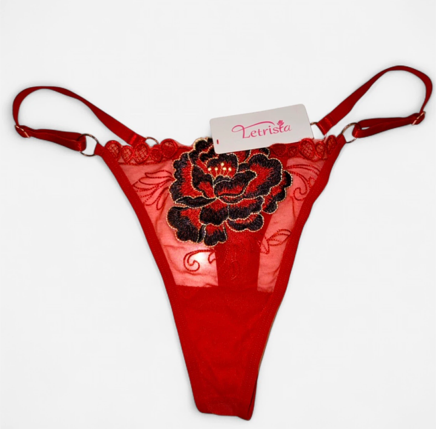 NEW Mesh Embroidered Red Thong - Medium