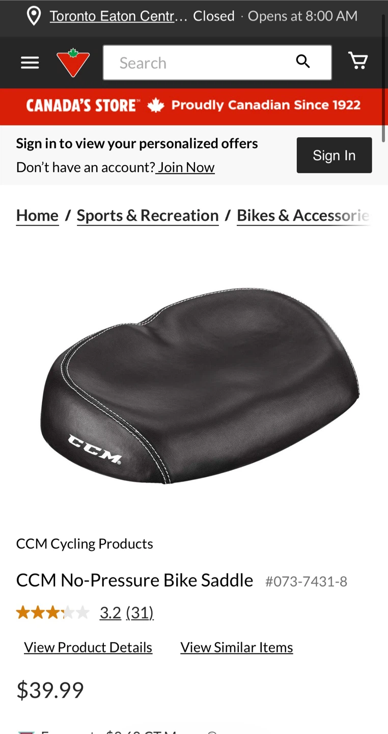CCM No-Pressure Bike seat