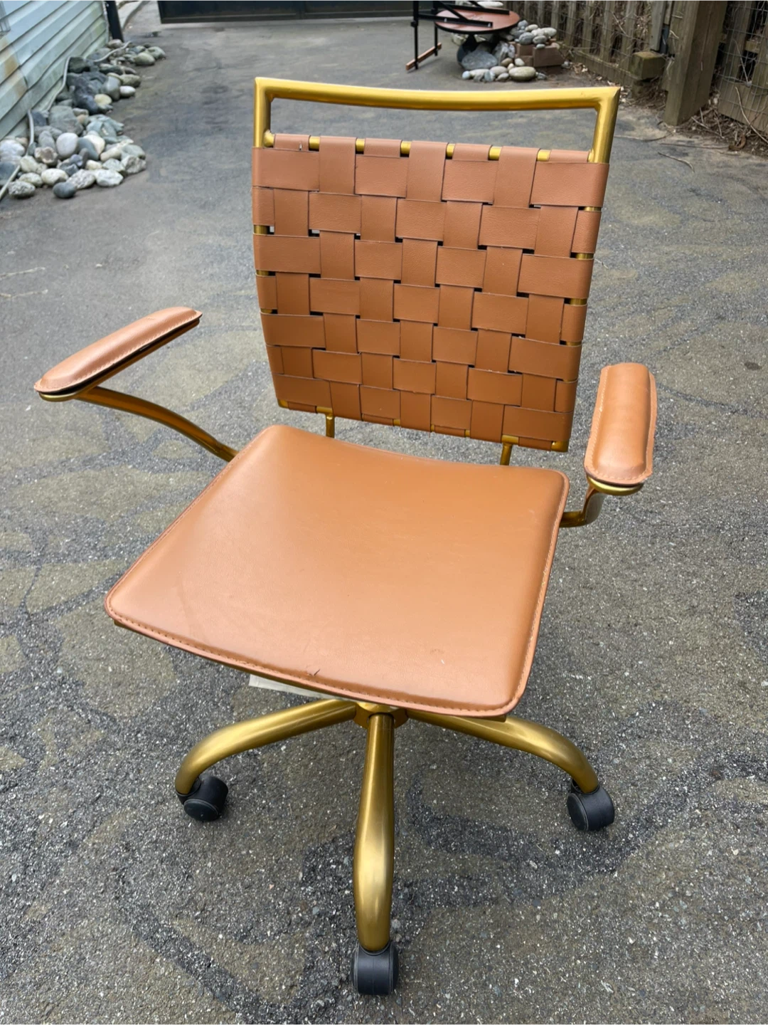 Tan Woven Back Office Chair with Gold Frame