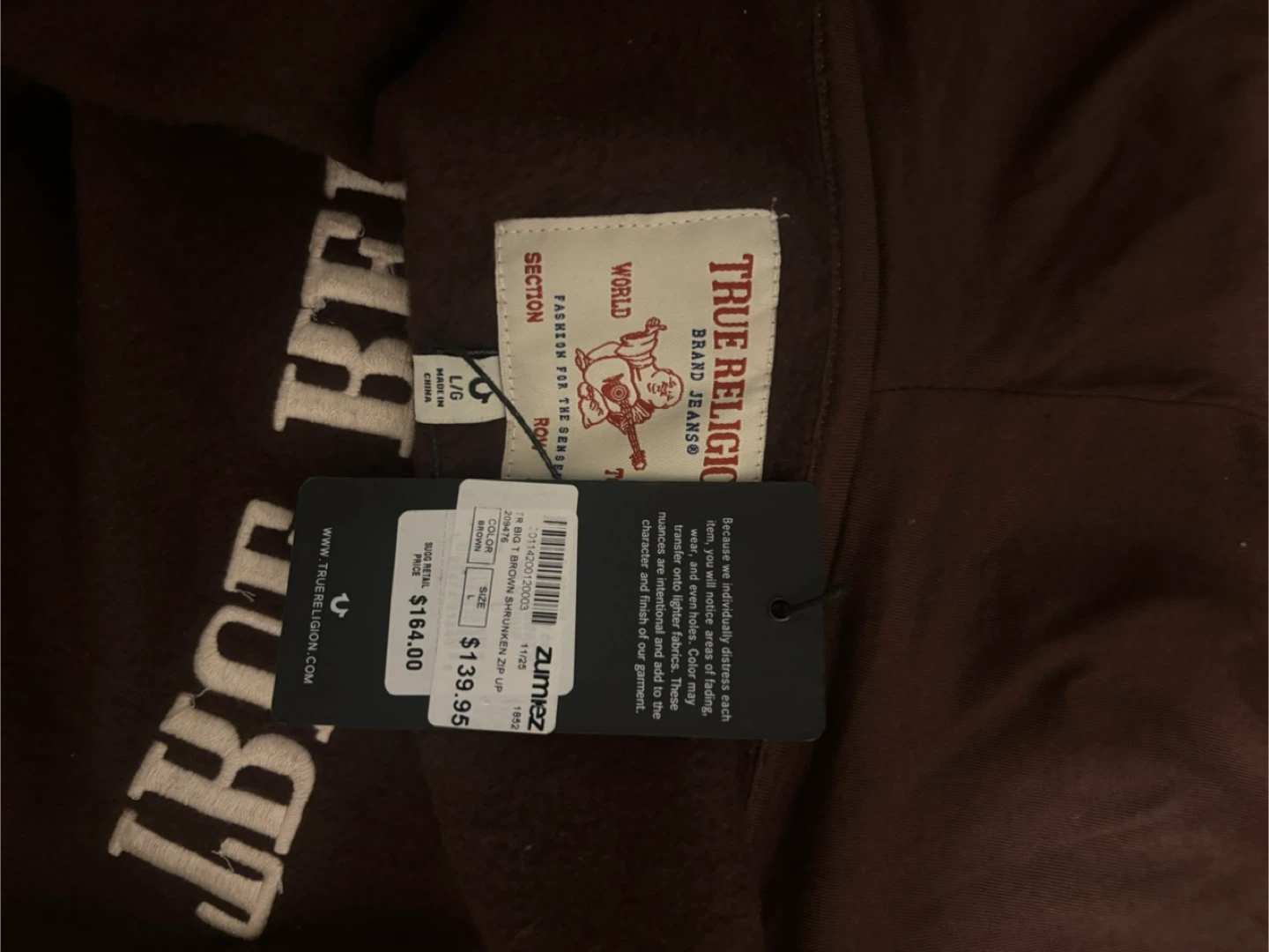 True Religion Brown Zip-Up Hoodie - Size L - photo 3