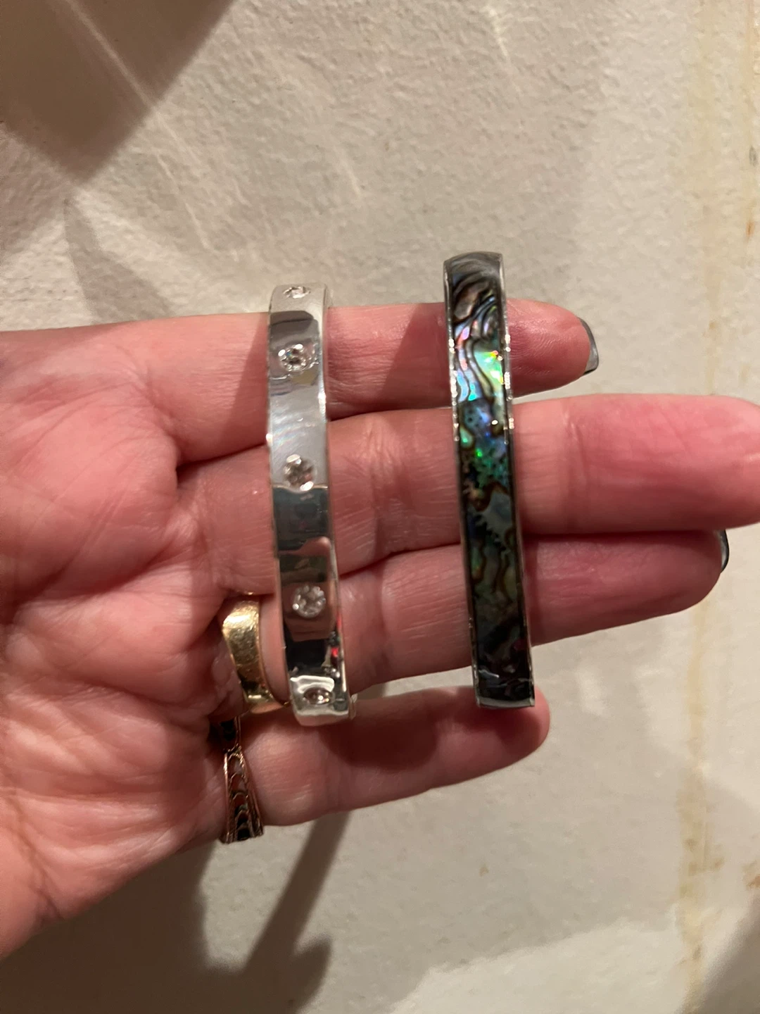 Set of 2 Bracelets - Silver tone with gems and abalone inlay