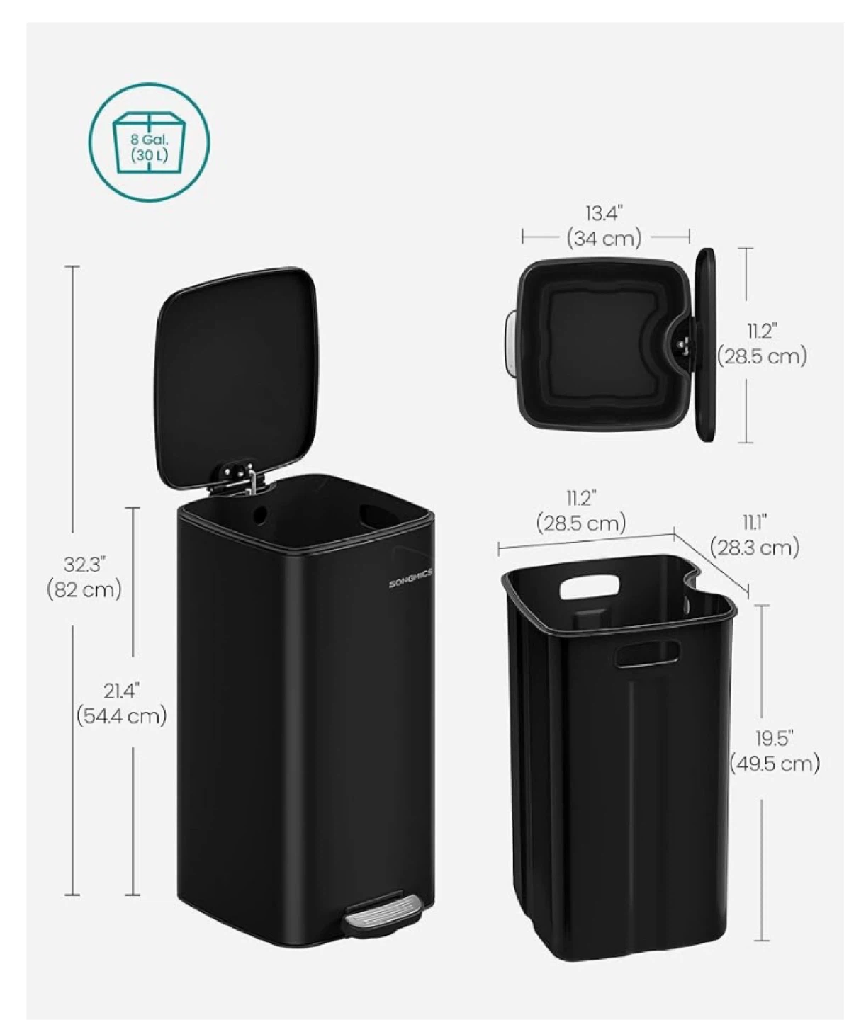 SONGMICS 8 Gallon (30L) Black Step Trash Can - photo 3