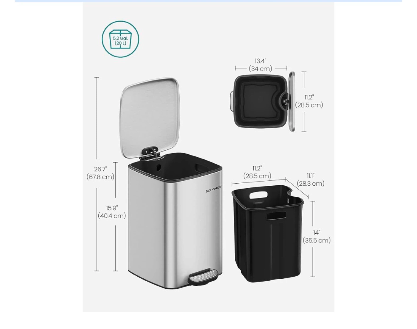 SONGMICS Stainless Steel Pedal Trash Can - 20L - photo 3