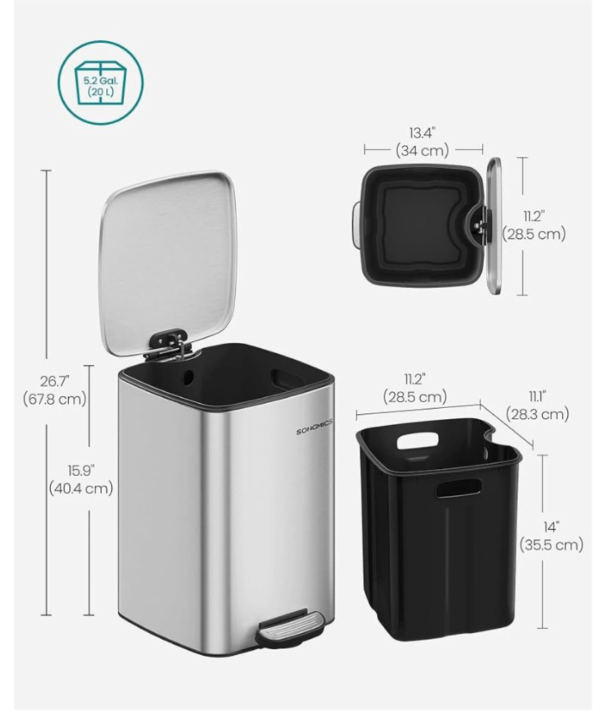 SONGMICS Stainless Steel Rectangular Trash Can - 5.2 Gal - photo 3