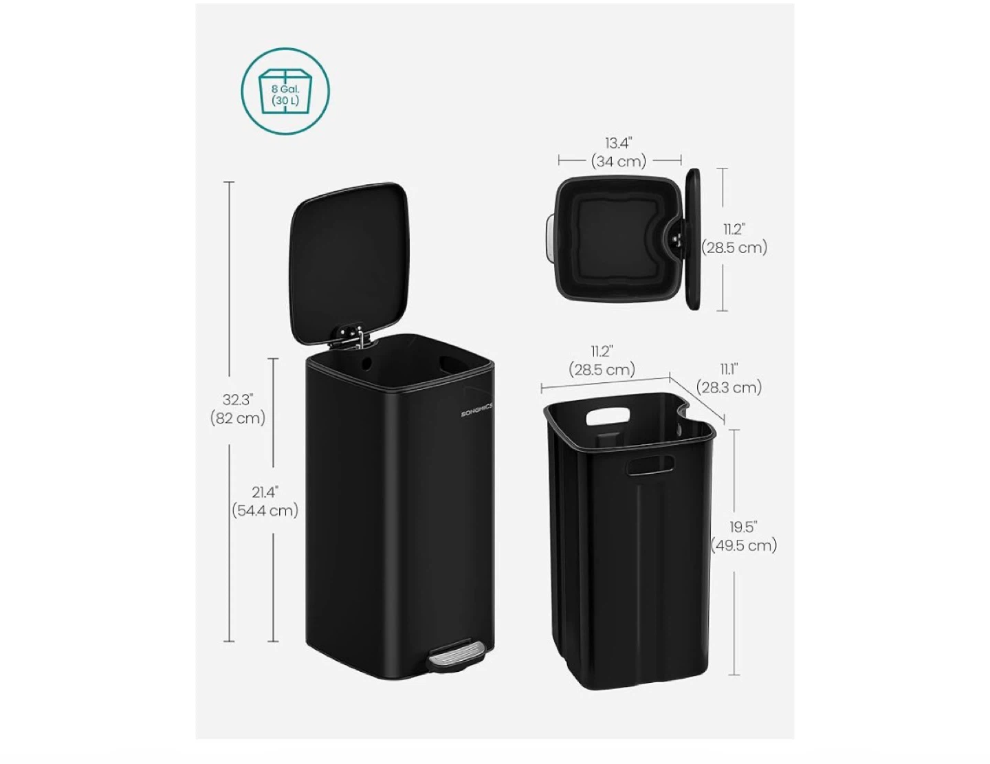 SONGMICS 8 Gallon (30L) Black Step Trash Can - photo 3