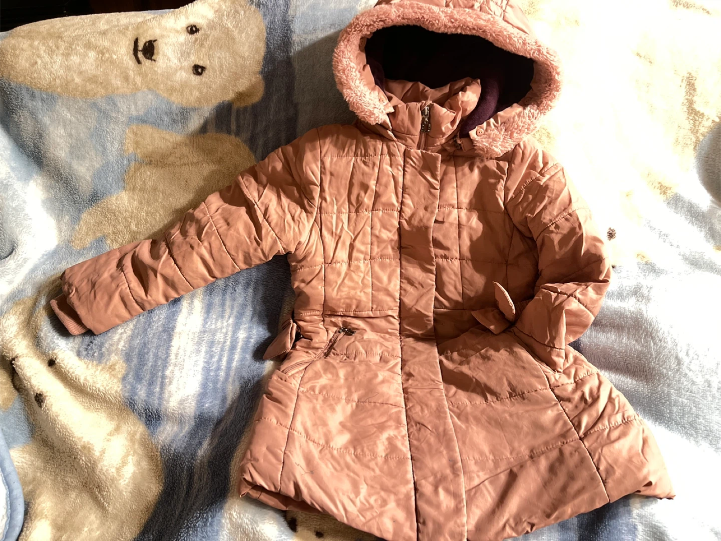 Pink Quilted Winter Coat with Fur-Lined Hood - photo 2