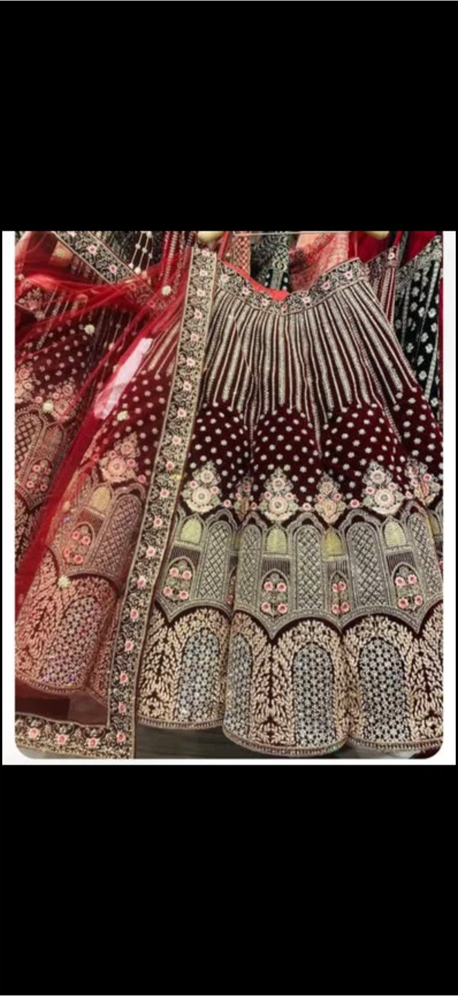 Red Velvet Lehenga Choli with Dupatta - photo 2