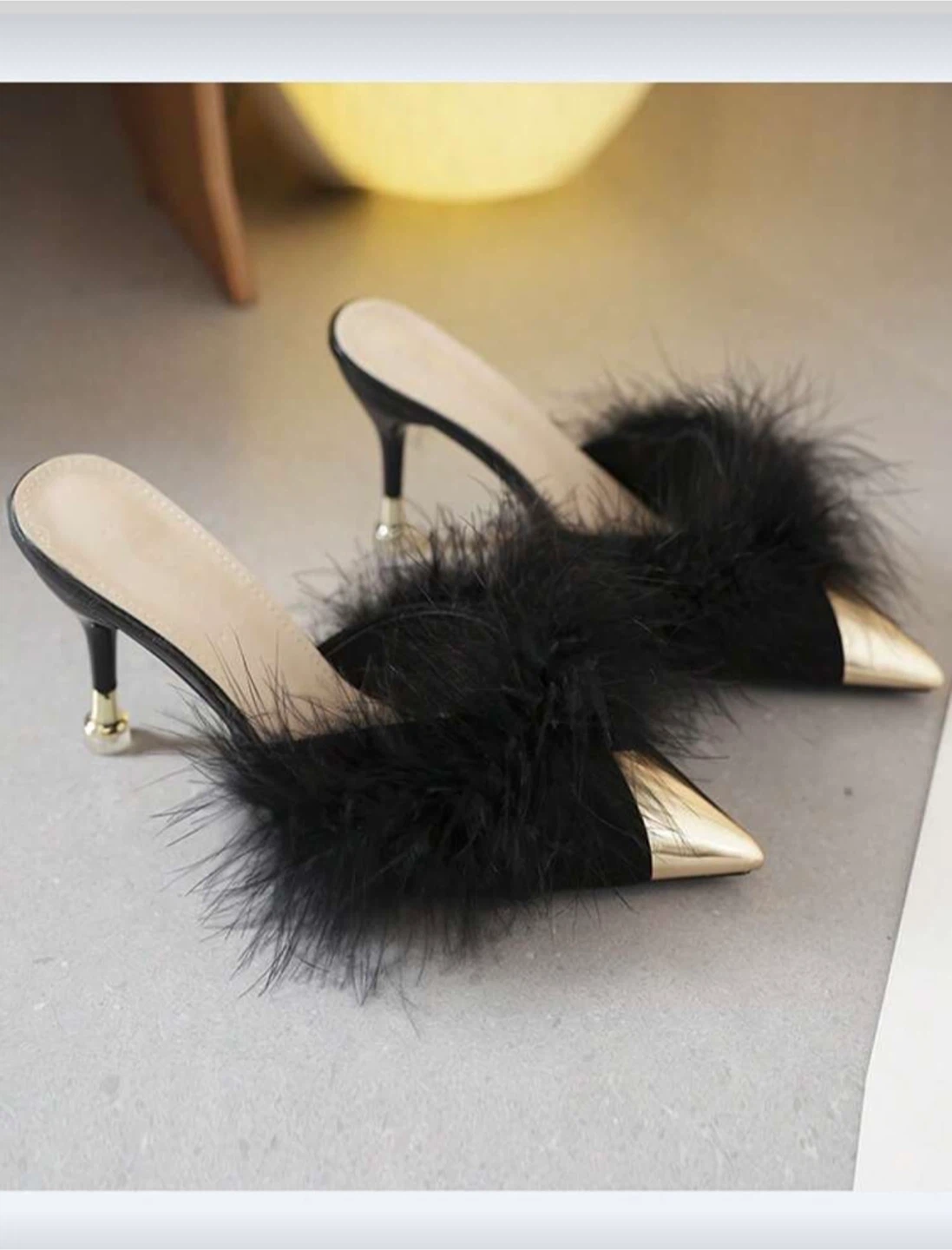 Women's Furry Pointed Toe Mules with Gold Tip