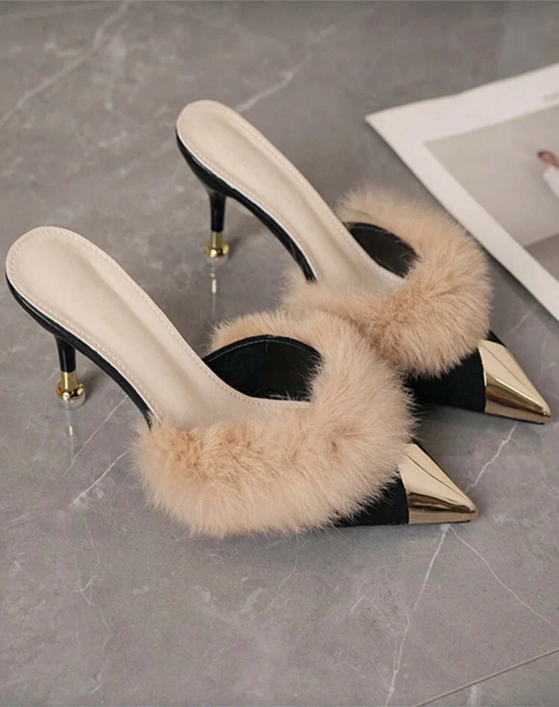 Women's Furry Pointed Toe Mules with Gold Tip - photo 2