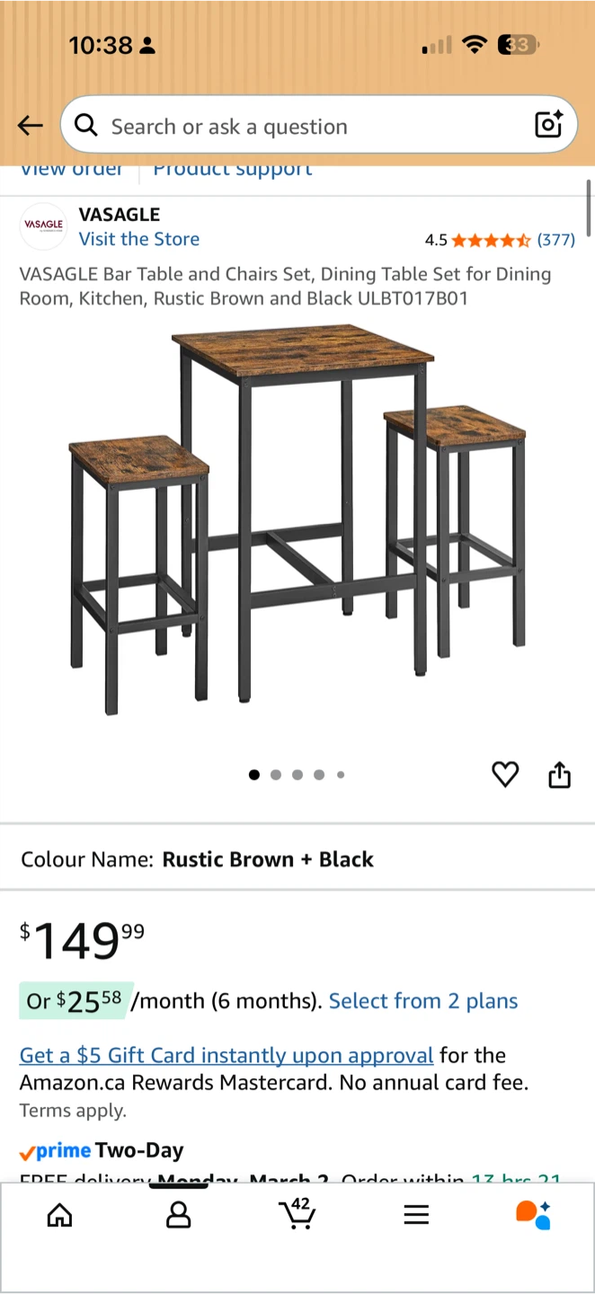 VASAGLE Bar Table and Chairs Set - Rustic Brown and Black
