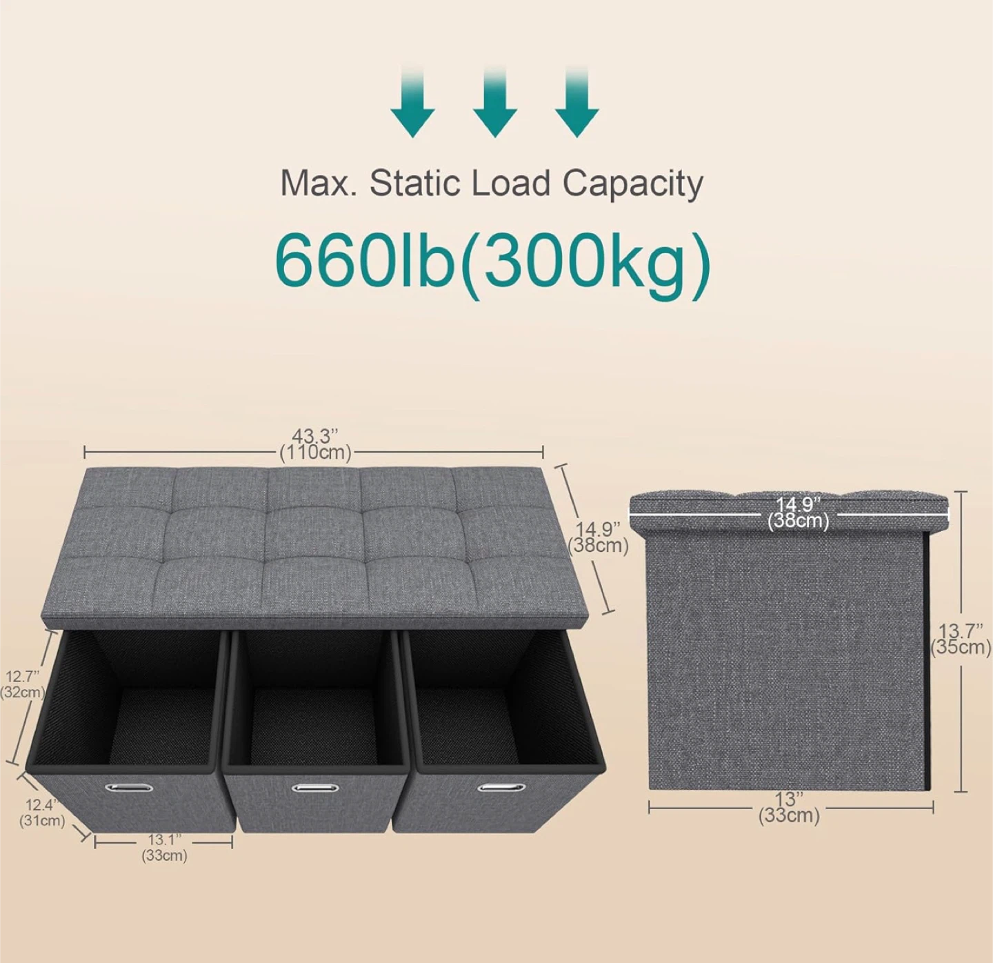 Storage Ottoman Bench with 3 Bins - Gray - photo 2