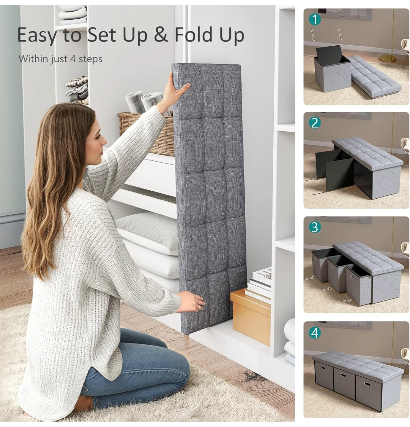 Storage Ottoman Bench with 3 Bins - Gray - photo 3