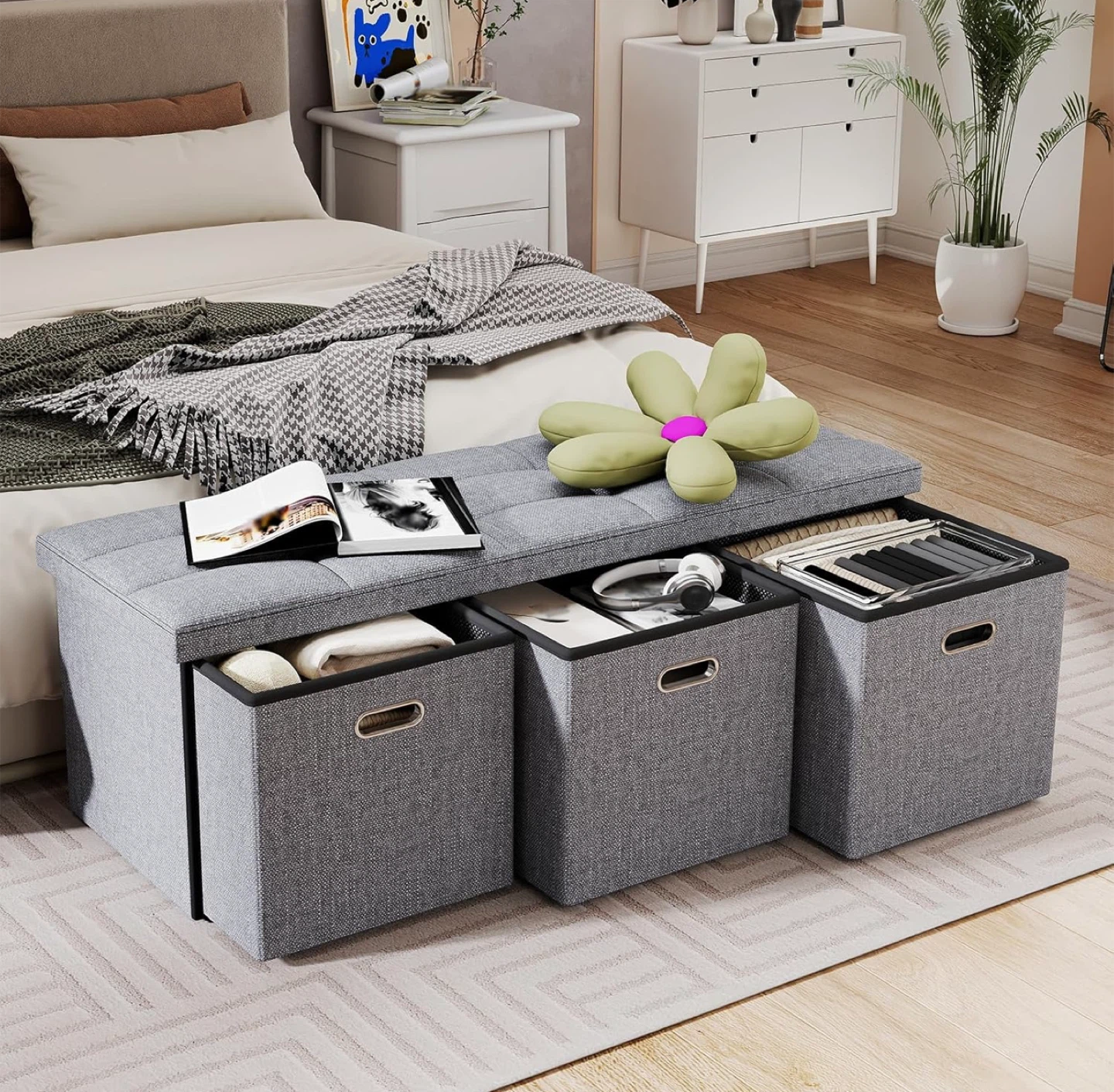 Storage Ottoman Bench with 3 Bins - Gray