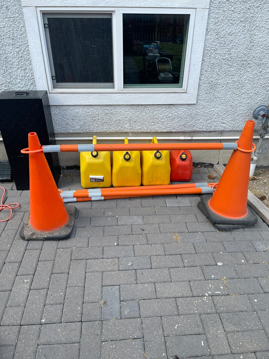 Set of 3 Yellow and 1 Red Gas Cans with Cones