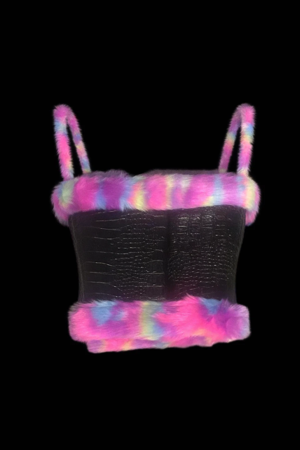 Black Faux Croc Fur Trimmed Corset Top with Rainbow Accents - photo 2
