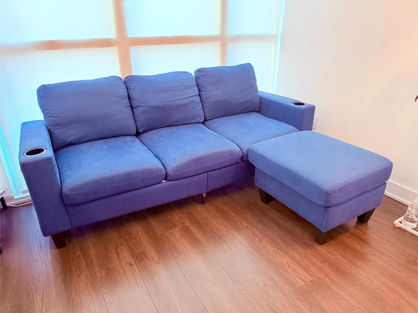 Blue Sectional Sofa with Ottoman and USB Charger