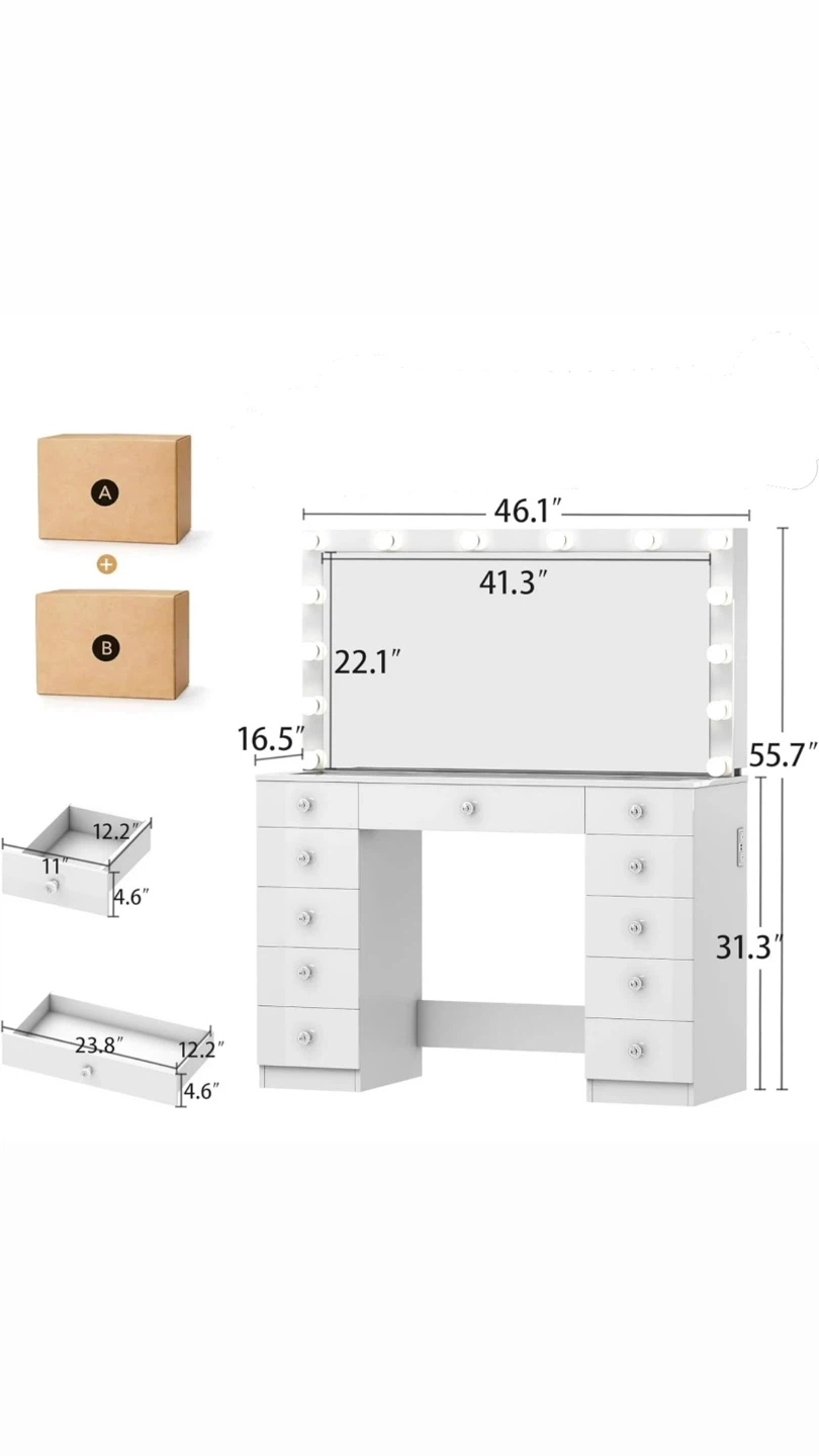 White Vanity Desk with Lighted Mirror & Storage Shelves - photo 5
