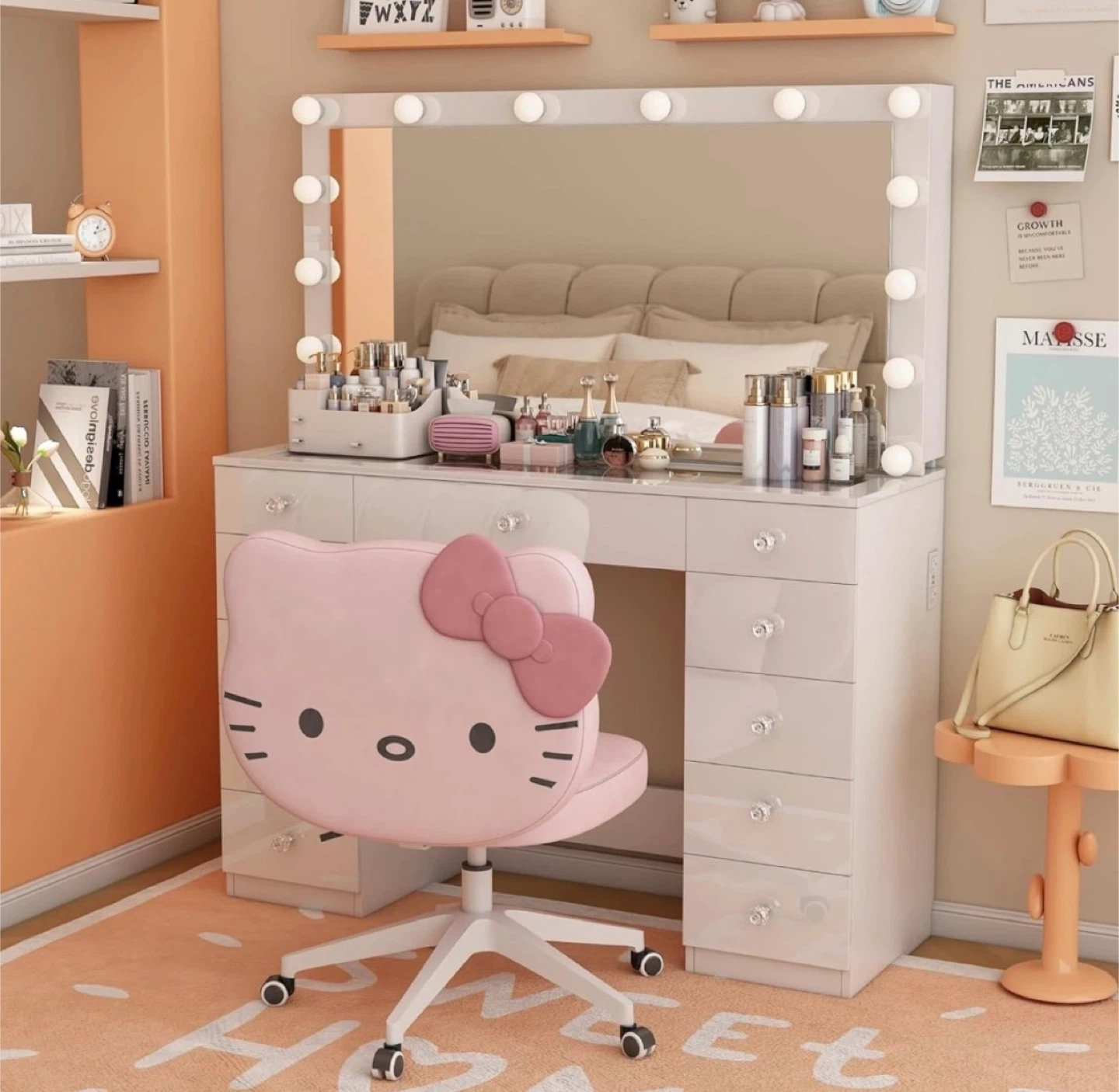 White Vanity Desk with Lighted Mirror & Storage Shelves - photo 4
