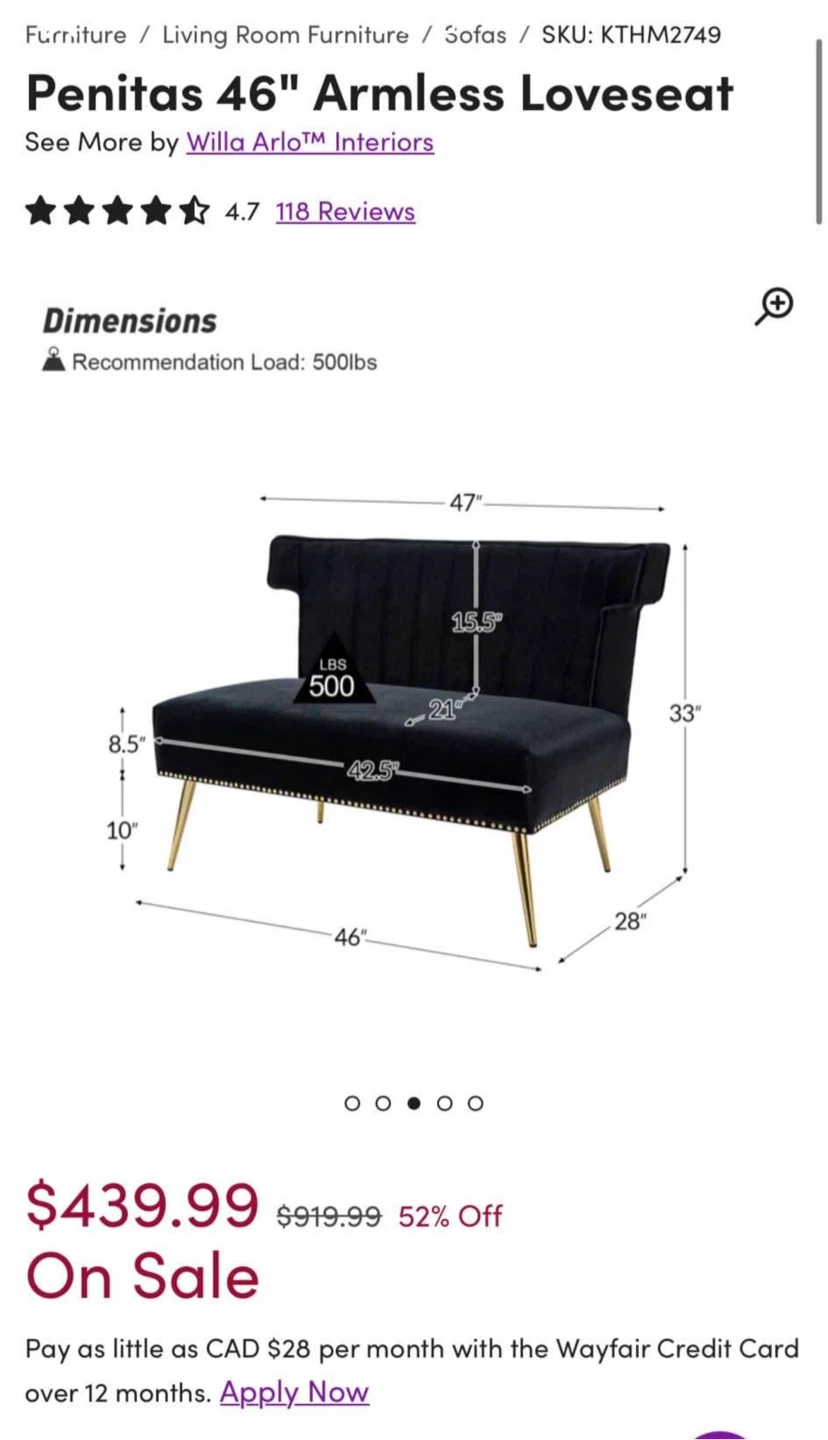 Black Velvet Loveseat Sofa with Gold Legs – Excellent Condition - photo 3