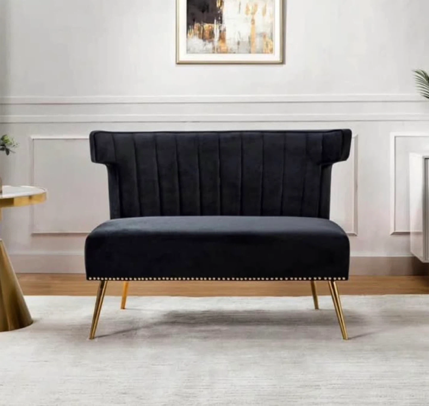 Black Velvet Loveseat Sofa with Gold Legs – Excellent Condition