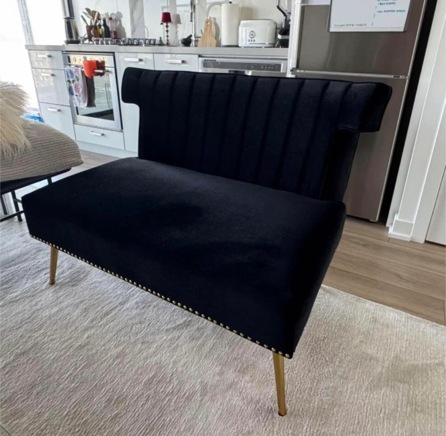 Black Velvet Loveseat Sofa with Gold Legs – Excellent Condition - photo 2