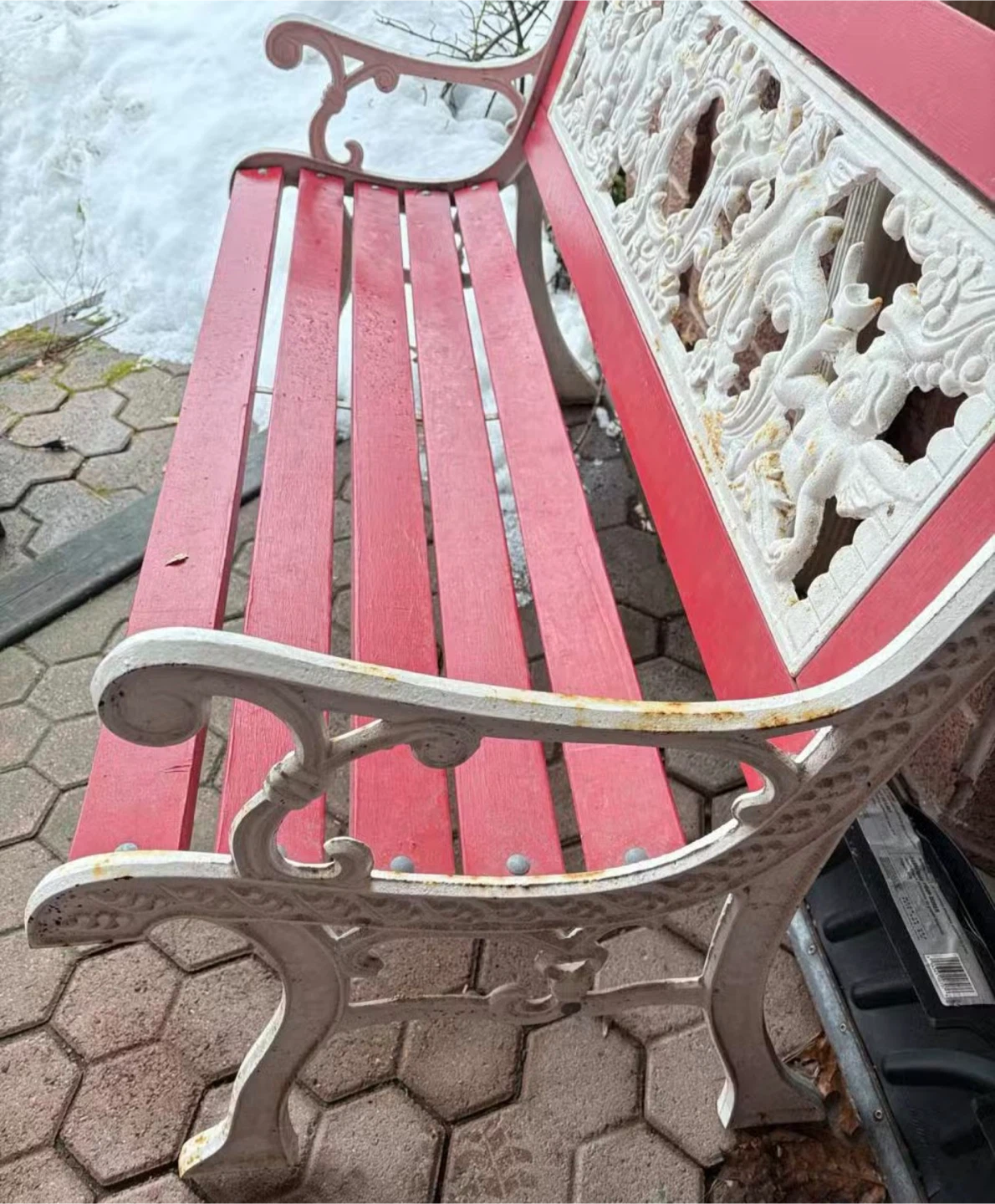 Red and White Cast Iron Bench with Cherub Detailing - photo 4