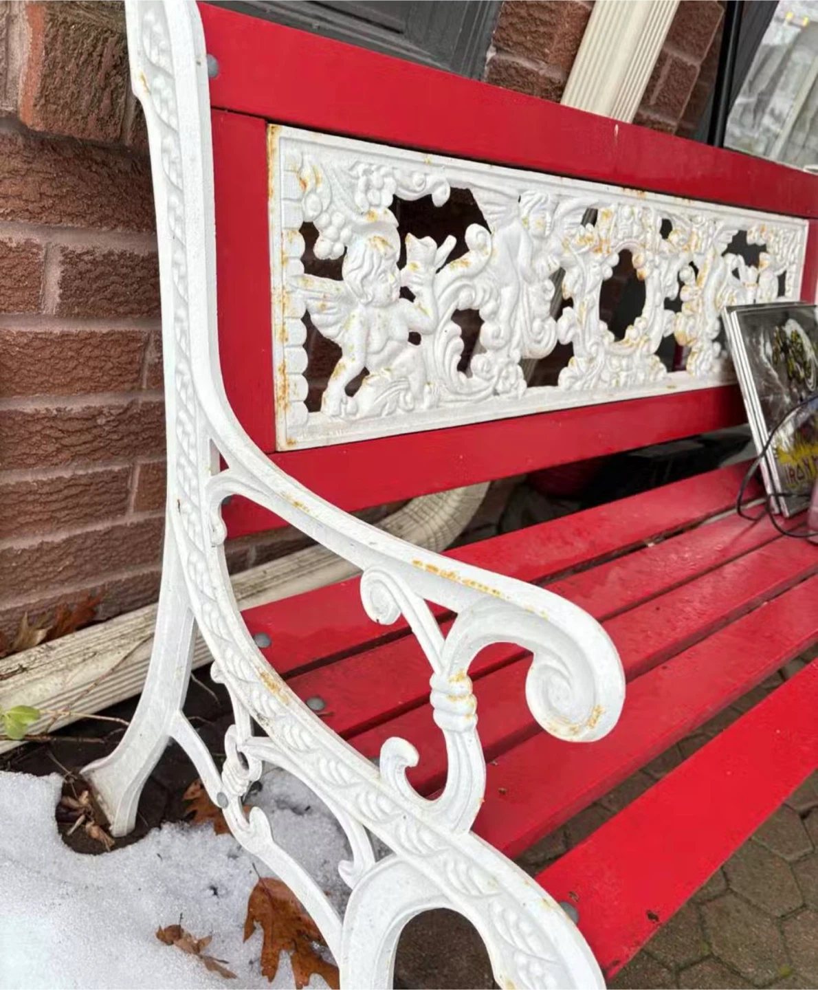 Red and White Cast Iron Bench with Cherub Detailing - photo 3