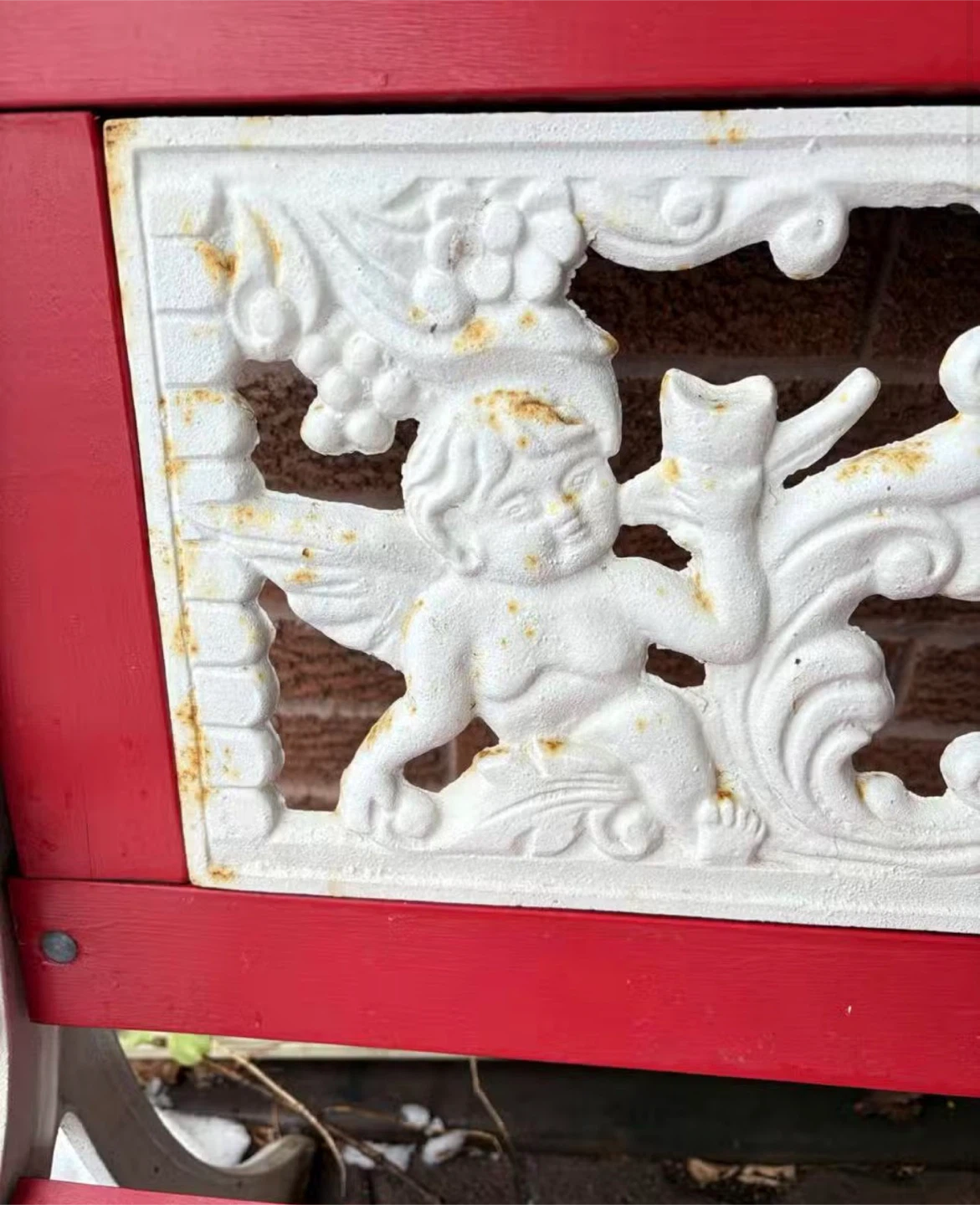 Red and White Cast Iron Bench with Cherub Detailing - photo 2