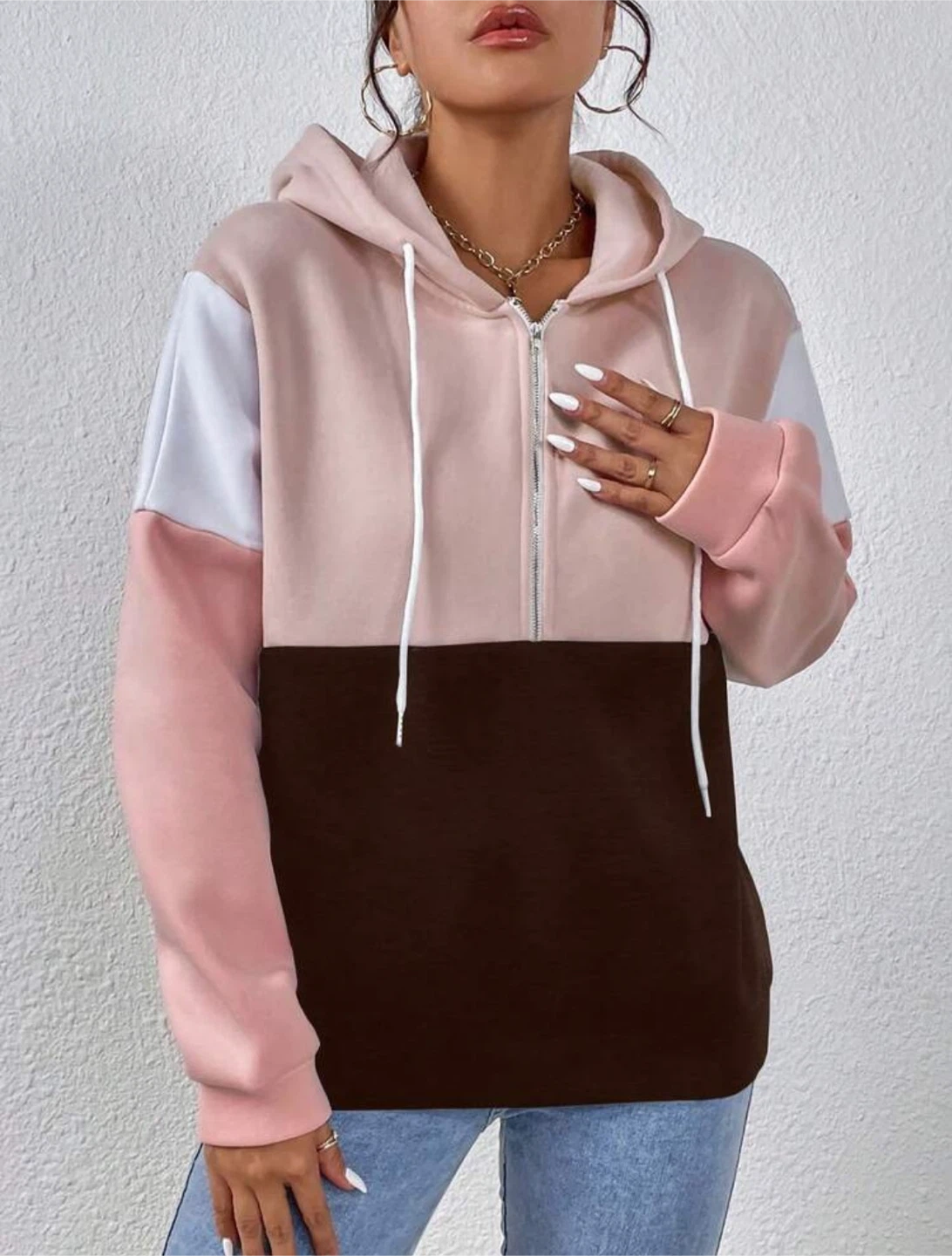 Colour Block Zip-Up Hoodie