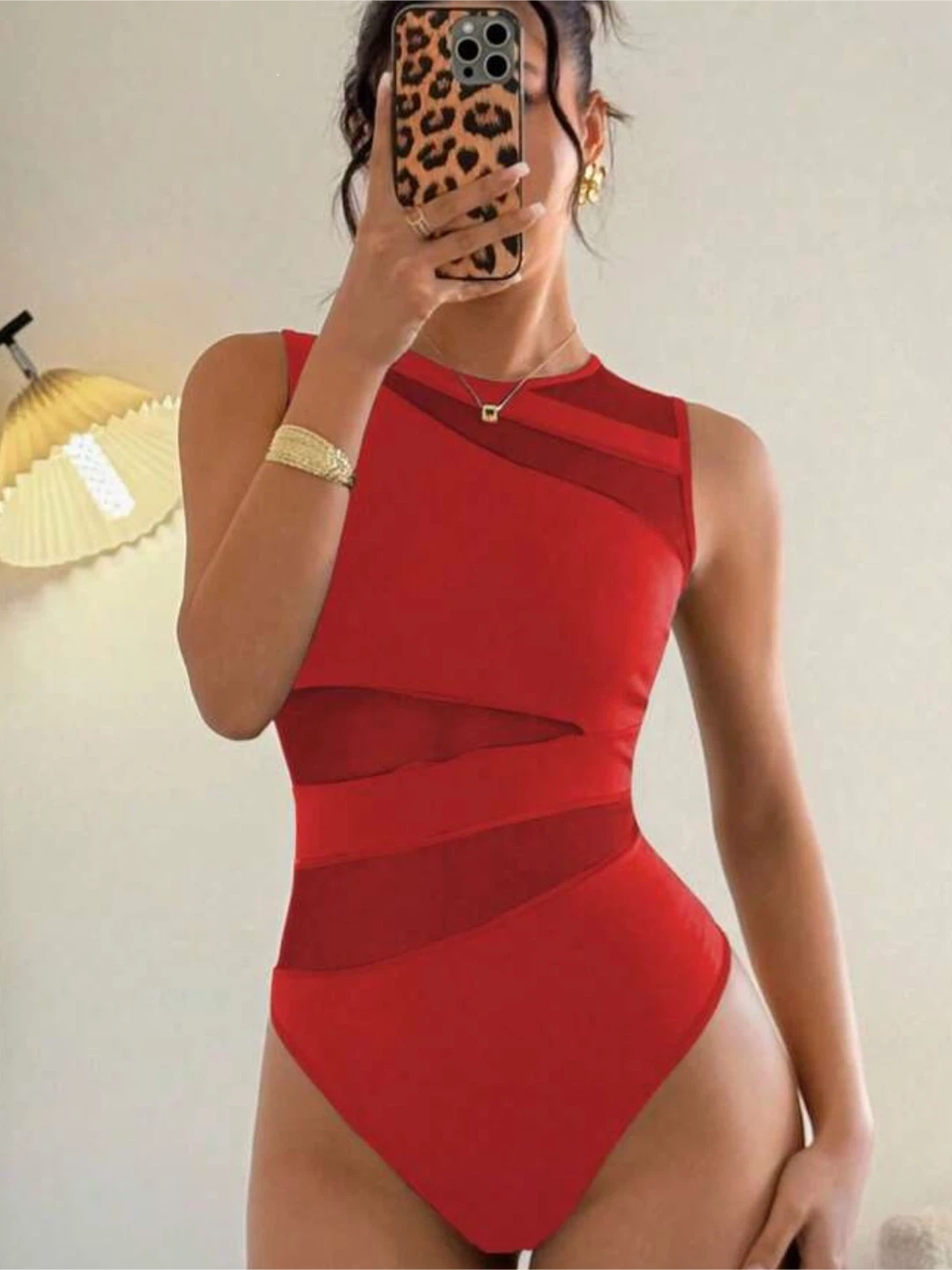 Red Sleeveless Bodysuit with Mesh Paneling
