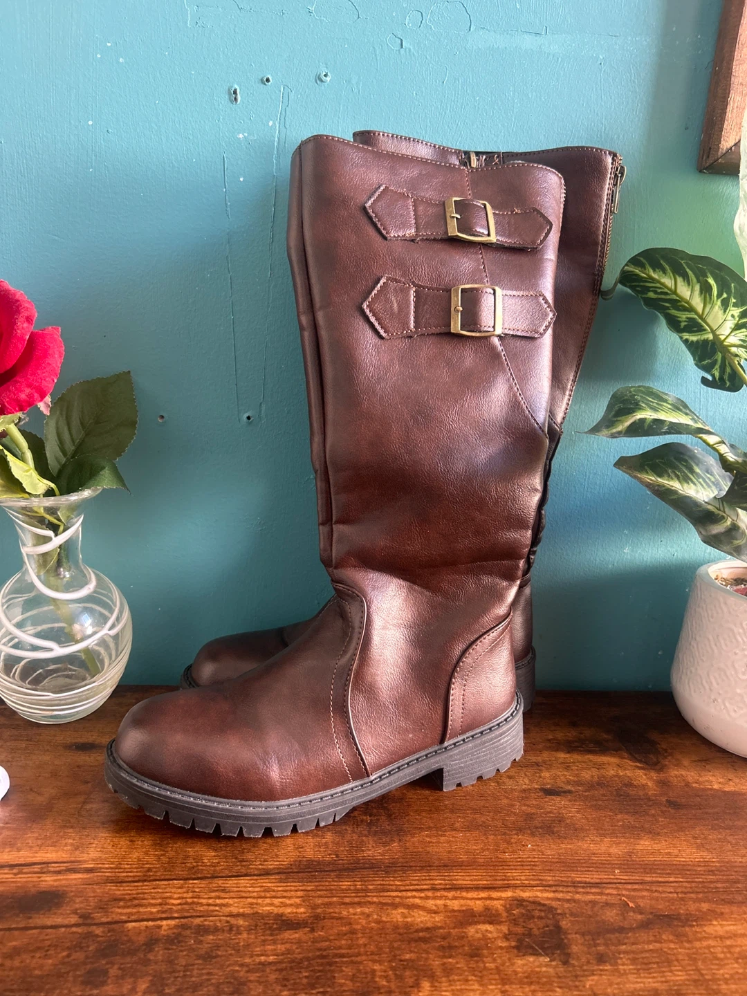 Brown Buckled Knee-High Boots