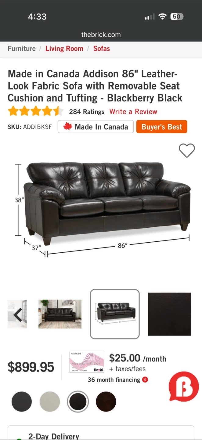 RUSH SALE!!! Addison 86" Leather-Look Sofa - Blackberry Black - photo 5