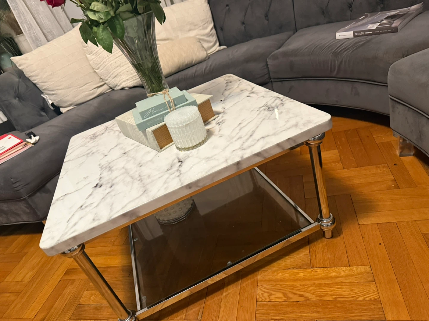 Marble Top Coffee Table with Mirrored Shelf - photo 2