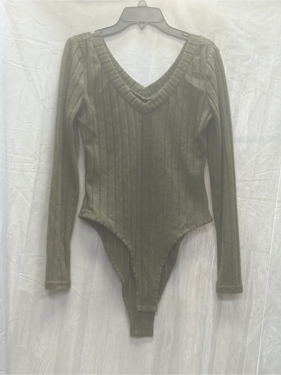 Olive Green Ribbed Long Sleeve V-Neck Bodysuit