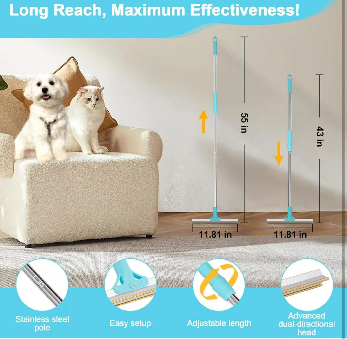 Pet Hair Removal Tool for Carpets - Adjustable Length - photo 5