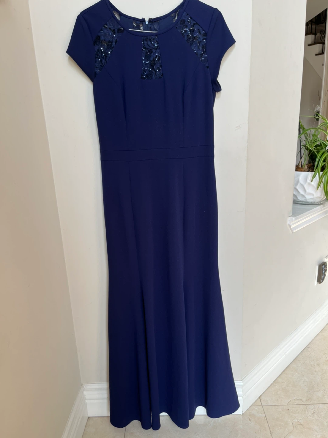 Navy Lace Detail Long Gown Size 14