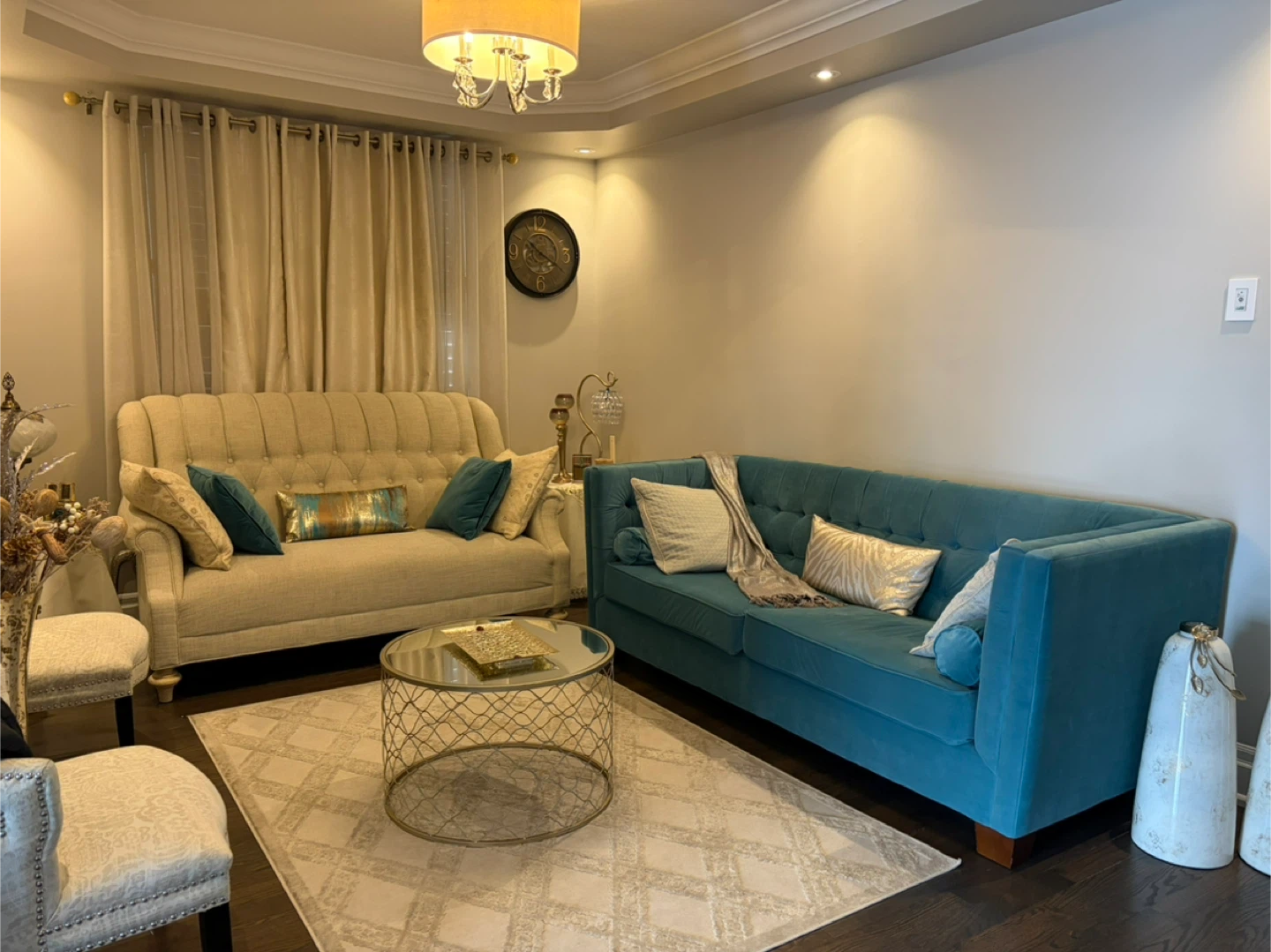 Teal Blue and Beige Sofa for Sale