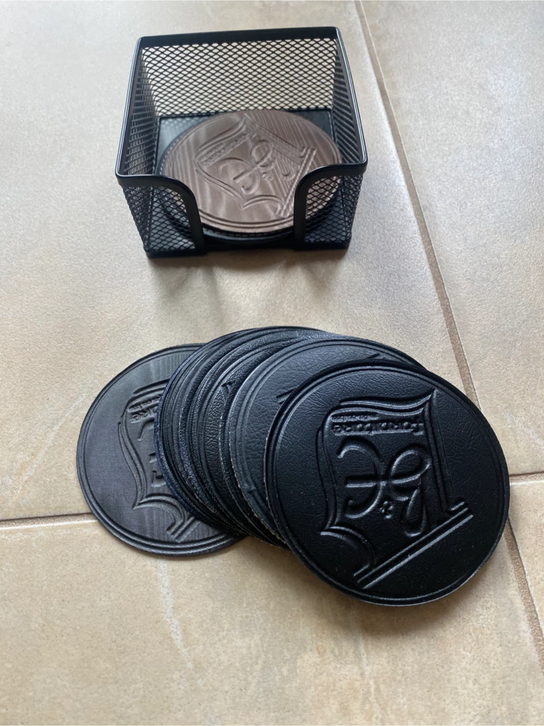 Set of 12 Leather Coasters with Caddy
