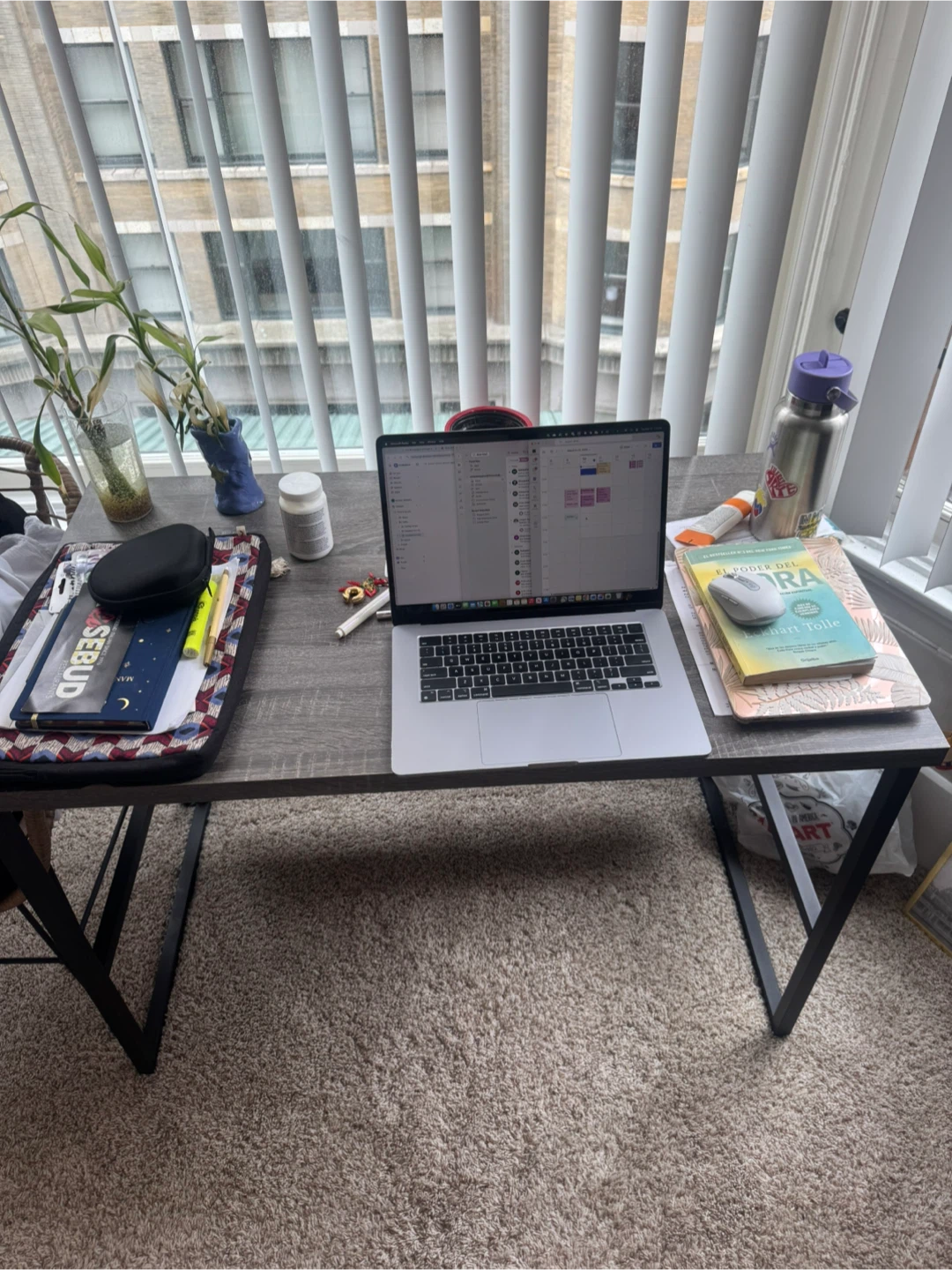 Gray Wood Grain Desk with Shelf