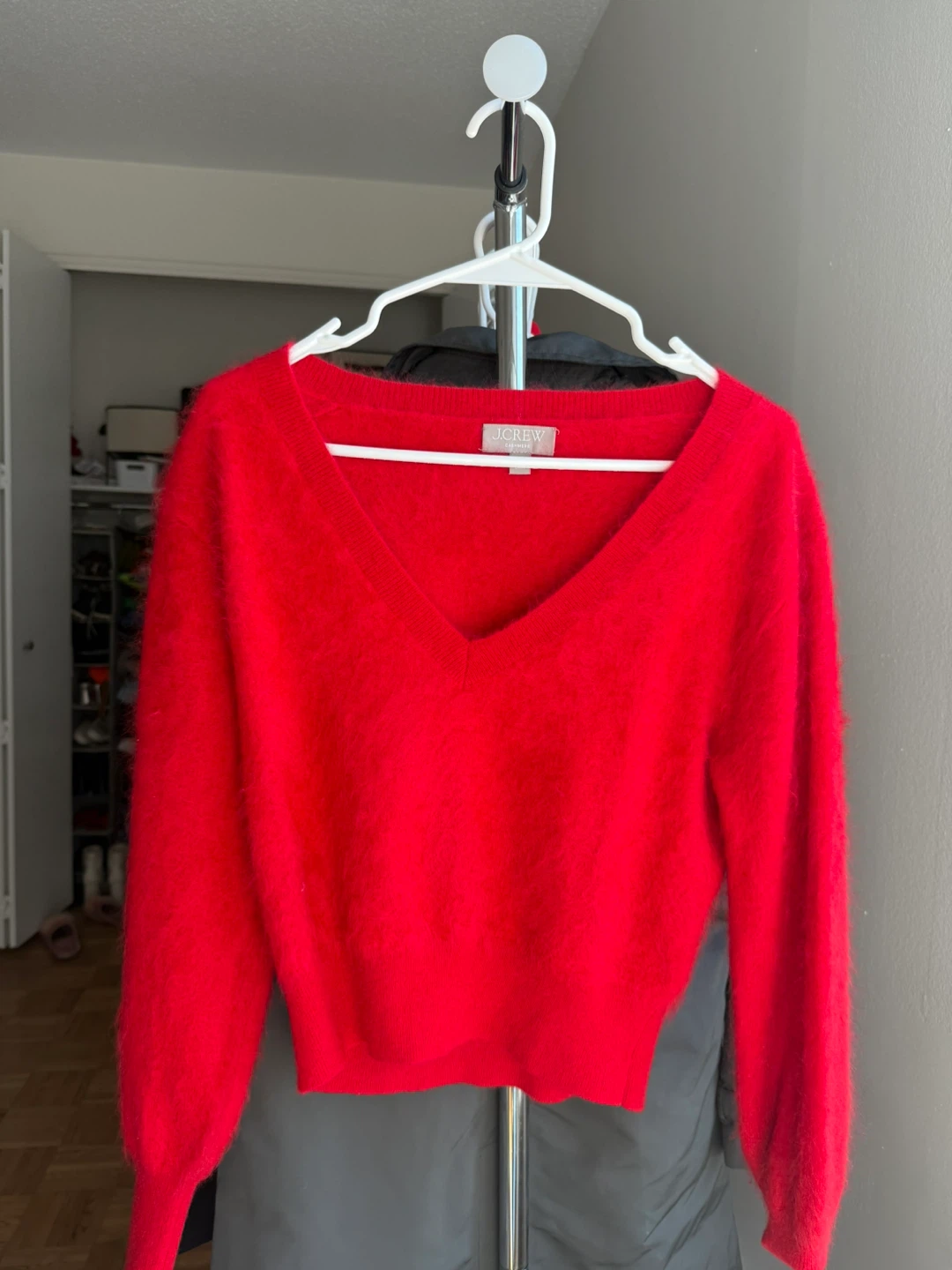 J.Crew Red Brushed Cashmere Cropped V-Neck Sweater