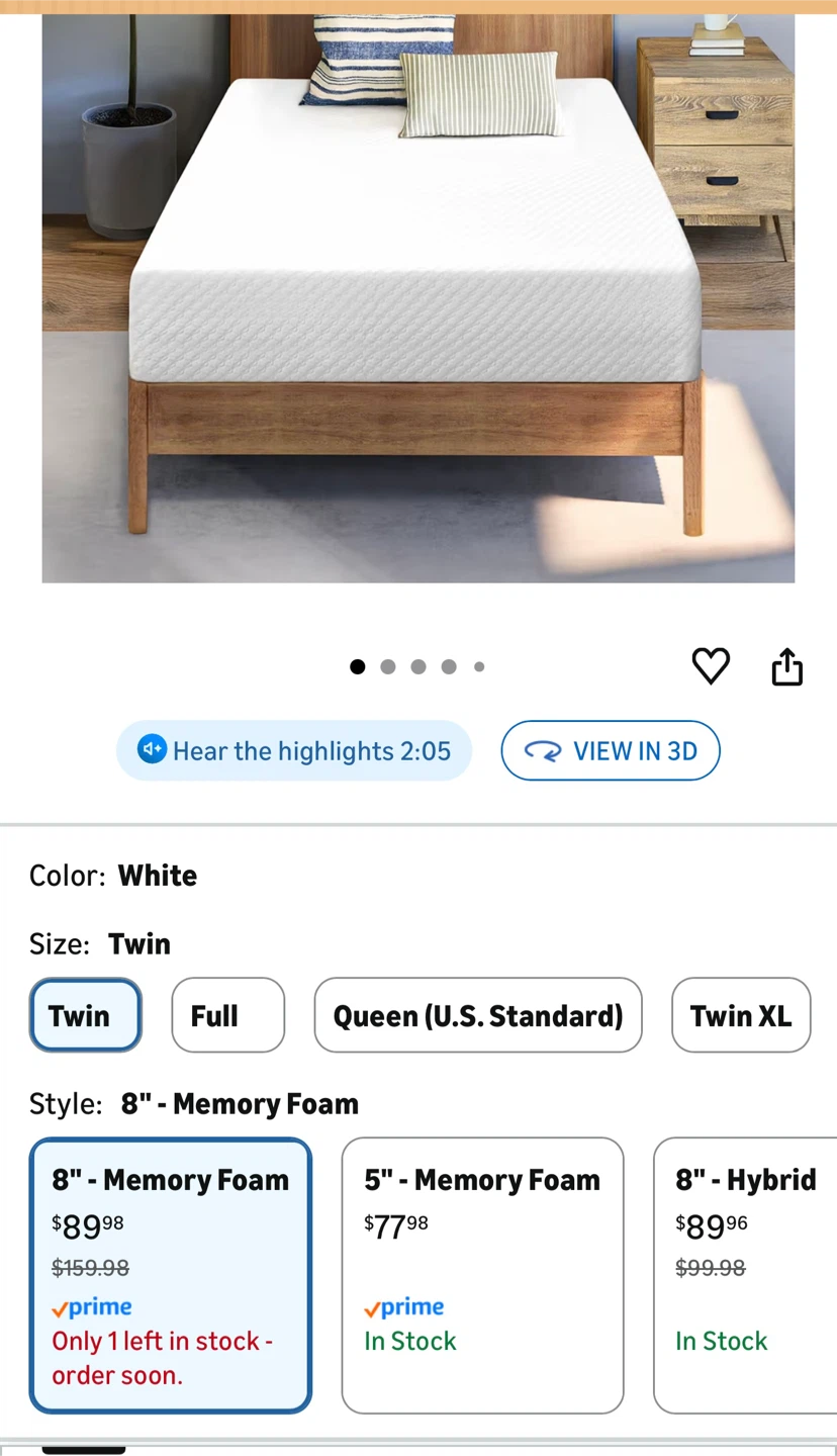 Amazon Basics 8" Memory Foam Twin Mattress