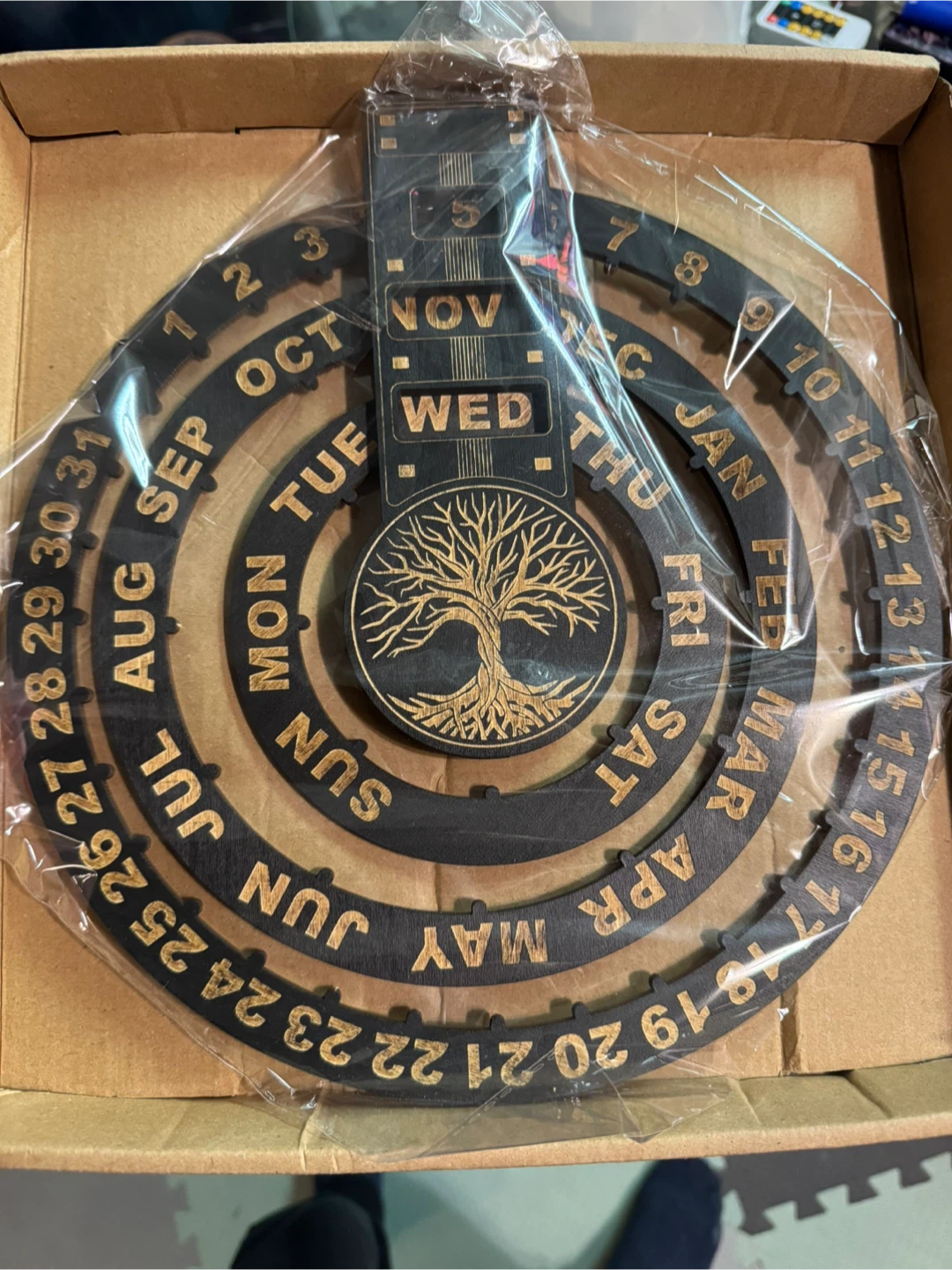 Wooden Perpetual Calendar with Tree of Life Design