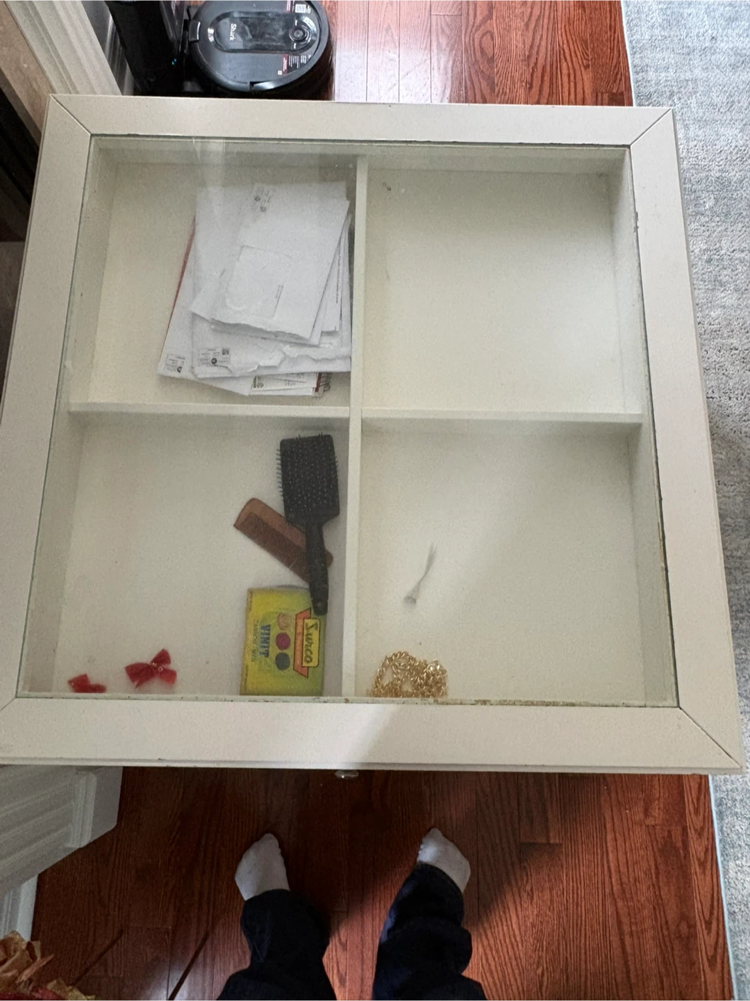 White Coffee Table with Glass Top and Storage Shelf