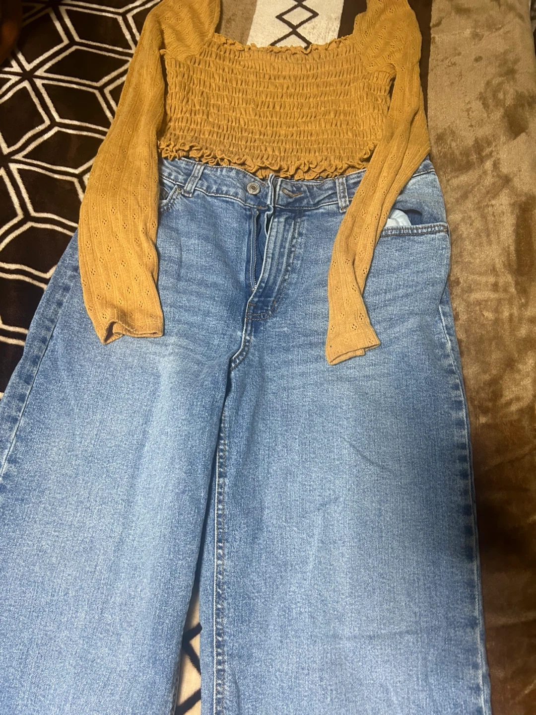 Women's Smocked Crop Top and Wide Leg Jeans