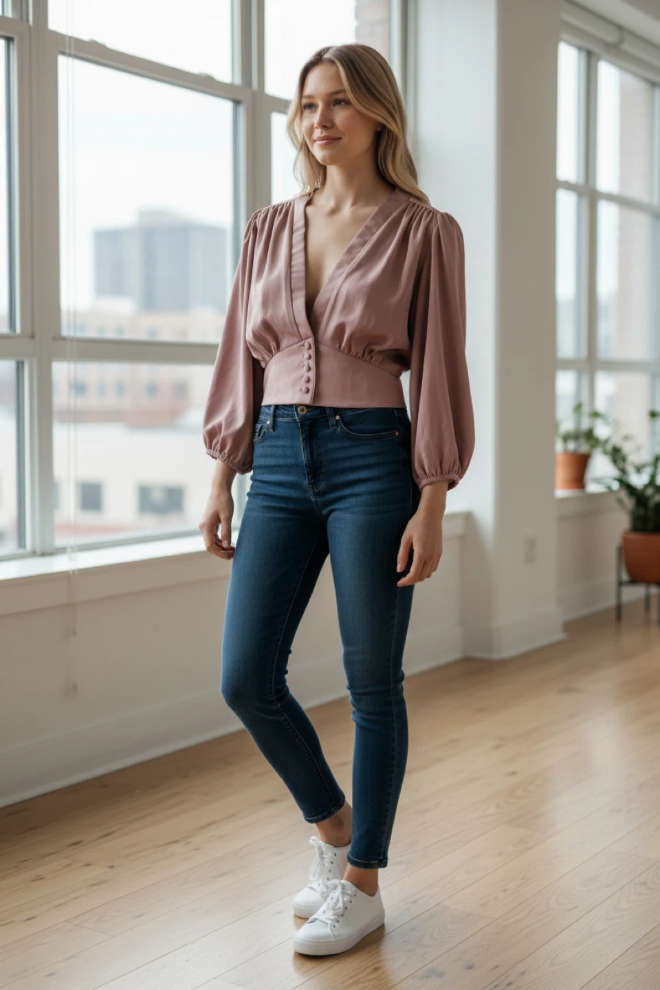 Women's V-Neck Cropped Blouse with Button Detail - photo 2