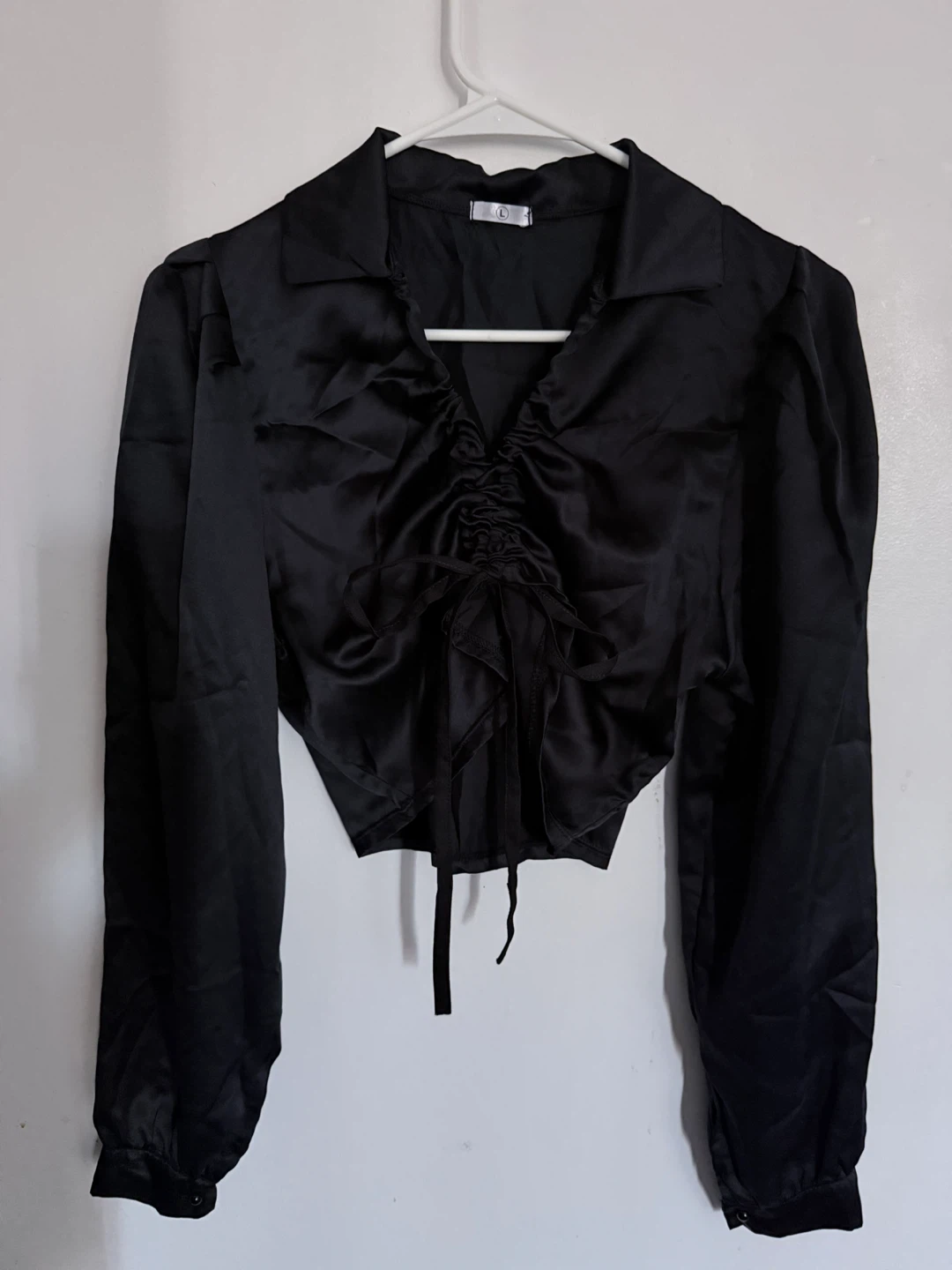 Black Ruched Drawstring Cropped Blouse - photo 3